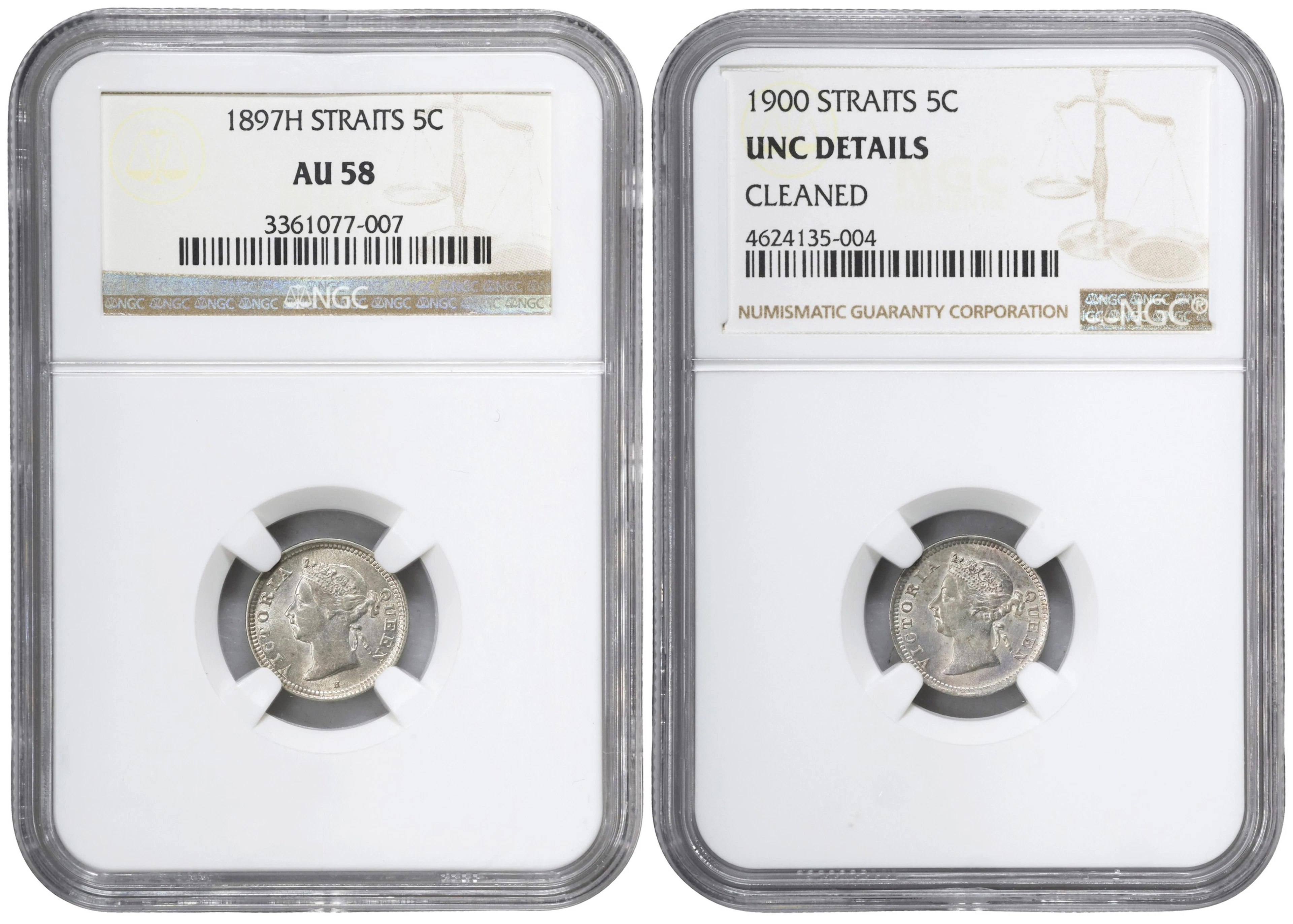 STRAITS SETTLEMENTS. Duo of 5 Cents (2 Pieces), 1897 & 1900. Victoria.
