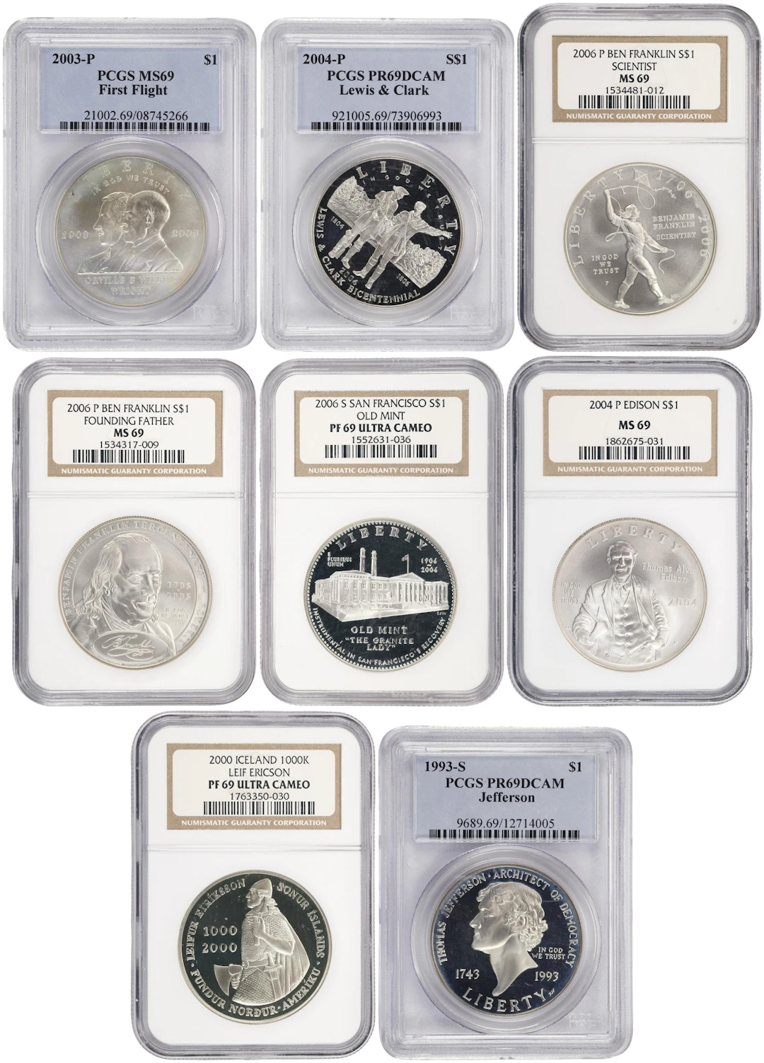 (6.187 oz, 192.447 g ASW). Mixed World. Lot of (8) Mixed Date Commemorative