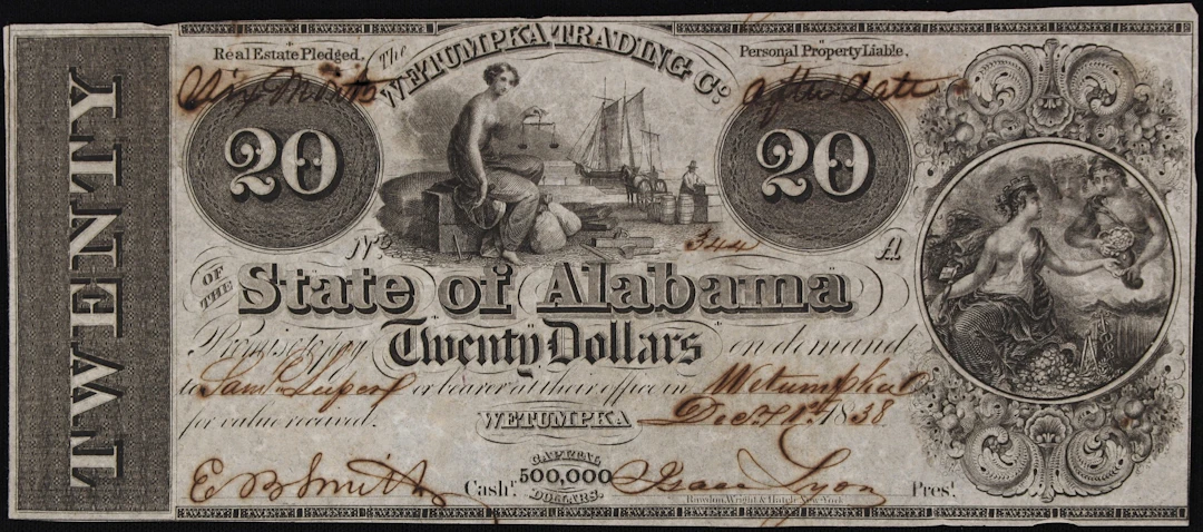 Wetumpka, Alabama. State of Alabama. 1838 $20. Very Fine.