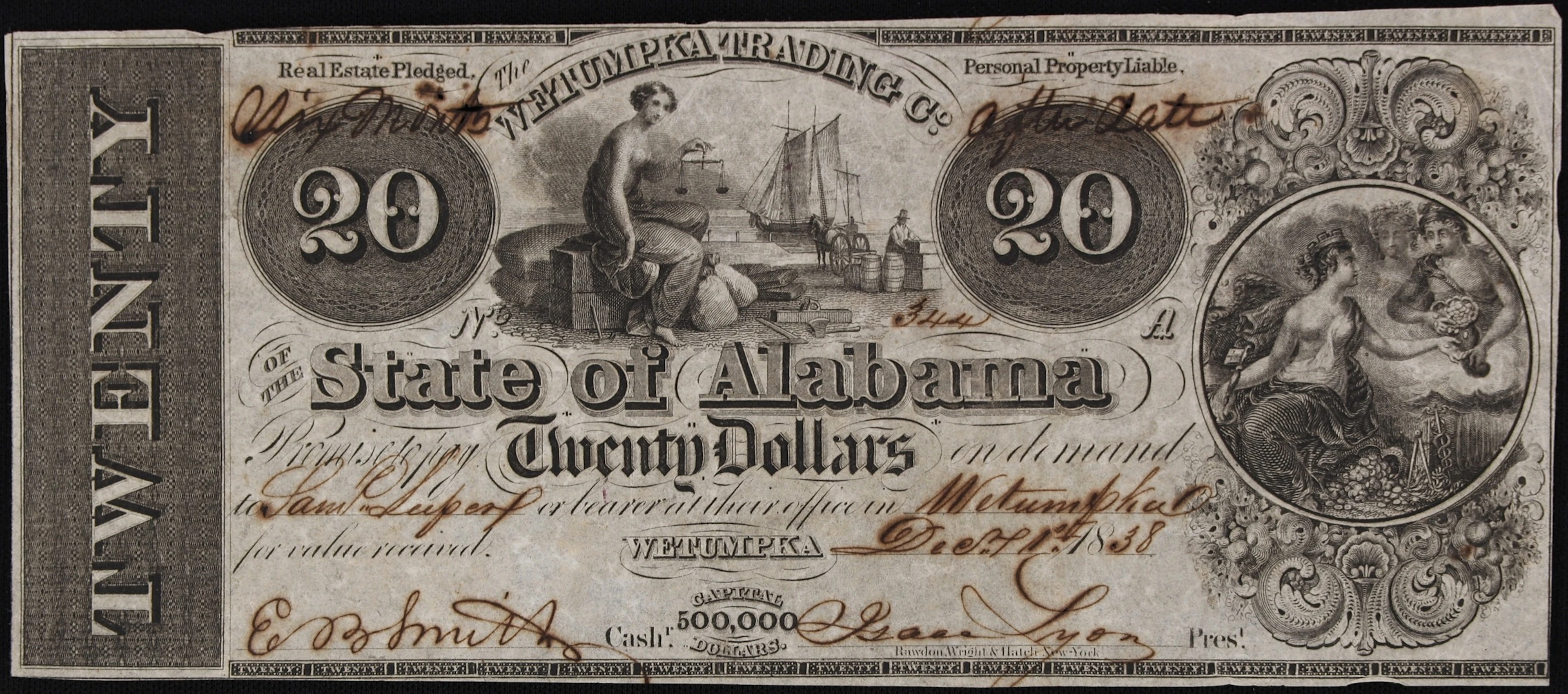 Wetumpka, Alabama. State of Alabama. 1838 $20. Very Fine.