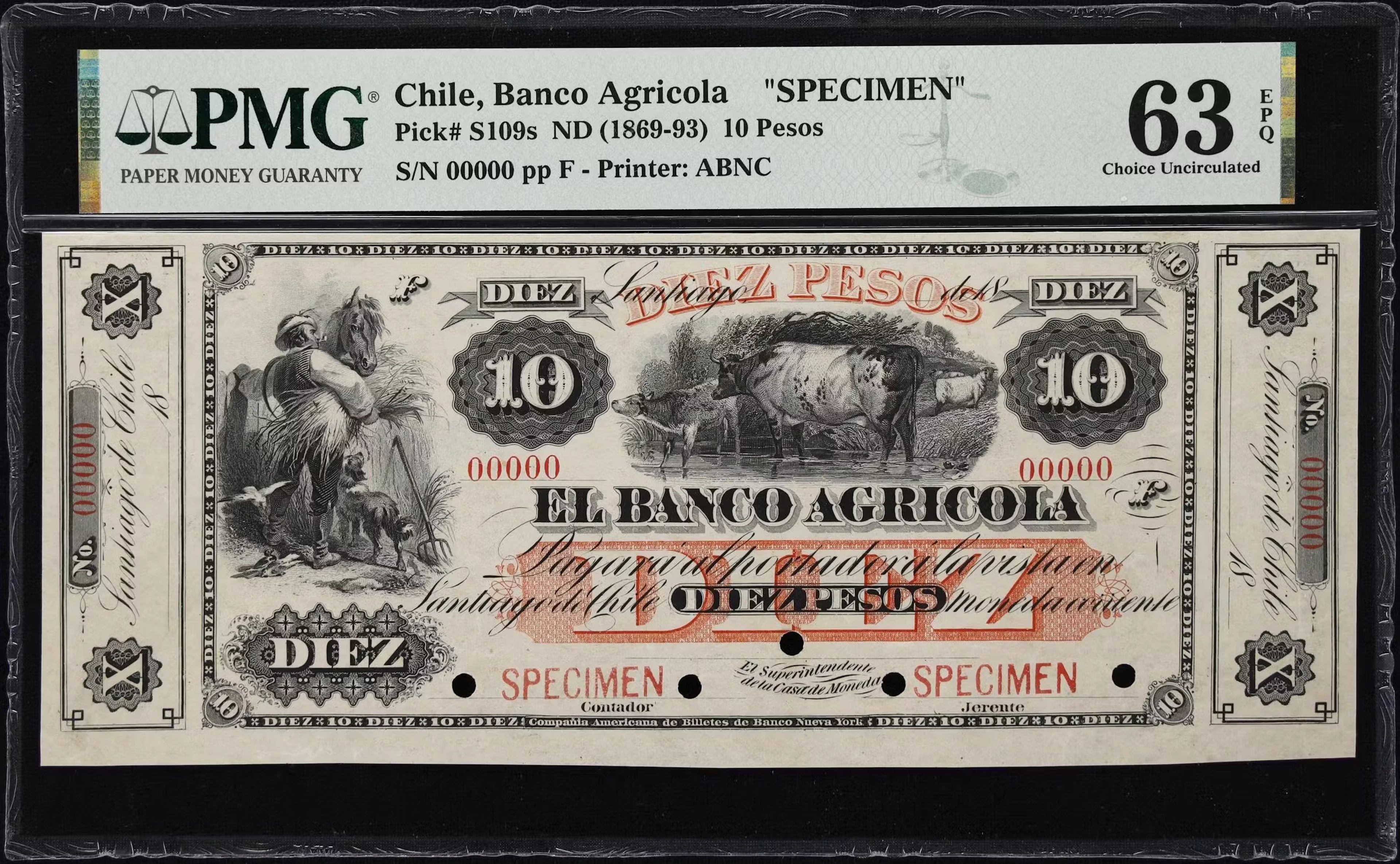 CHILE. Banco Agricola. 10 Pesos, ND (1869-93). P-S109s. Specimen.