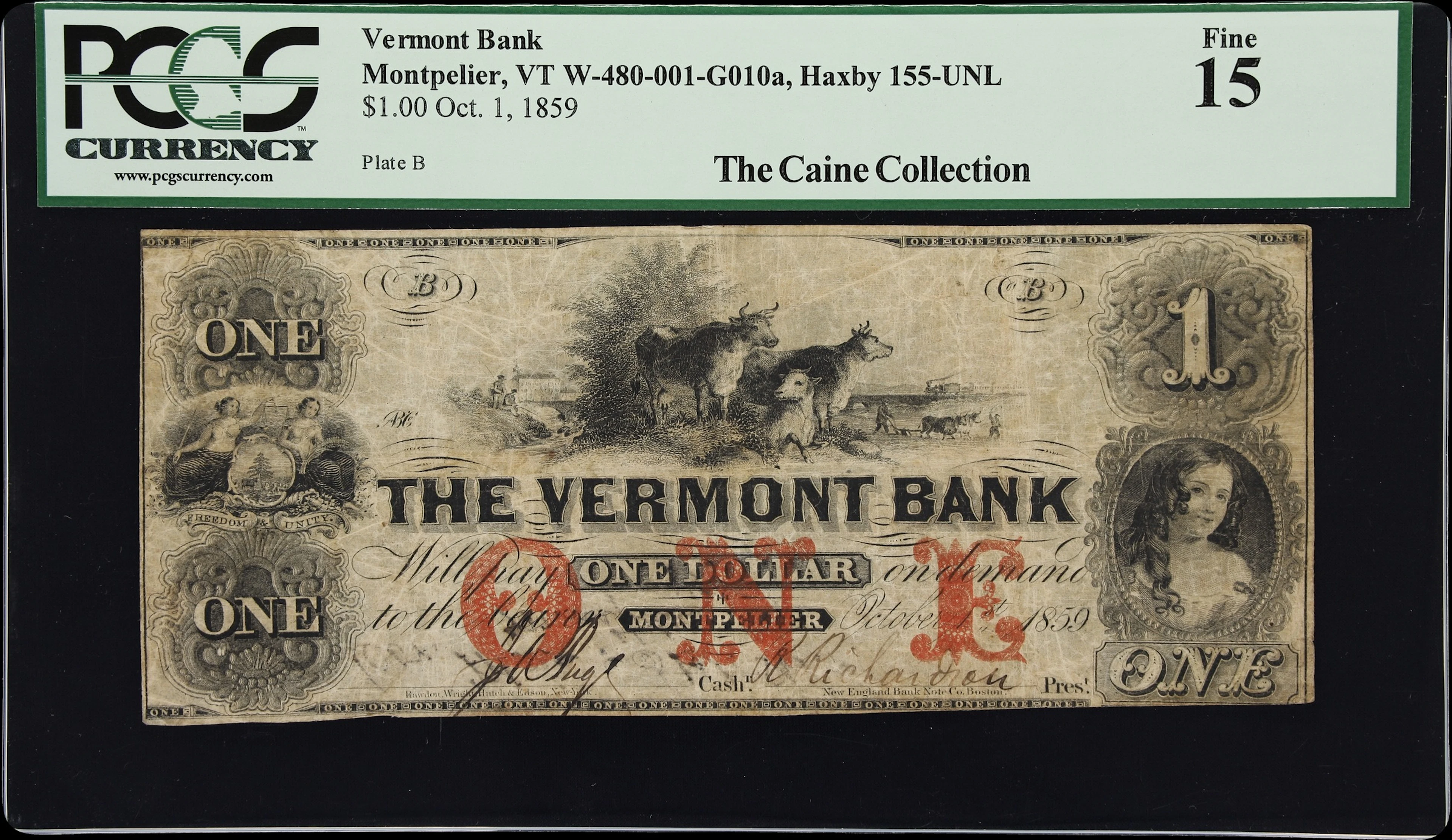 Montpelier, Vermont. Vermont Bank. 1859 $1. PCGS Currency Fine 15.