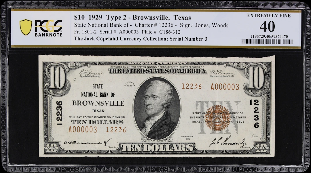 Brownsville, Texas. $10 1929 Ty. 2. Fr. 1801-2. State NB. Charter