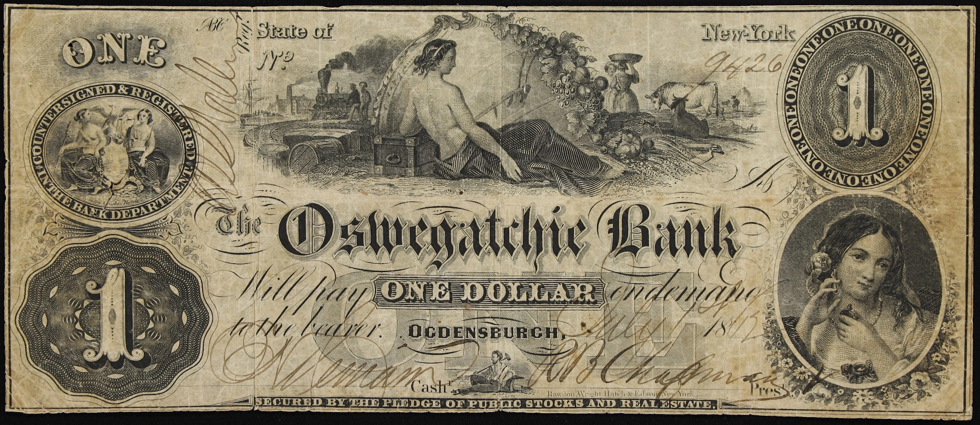 Ogdensburgh, New York. Oswegatchie Bank. 1862 $1. Fine.