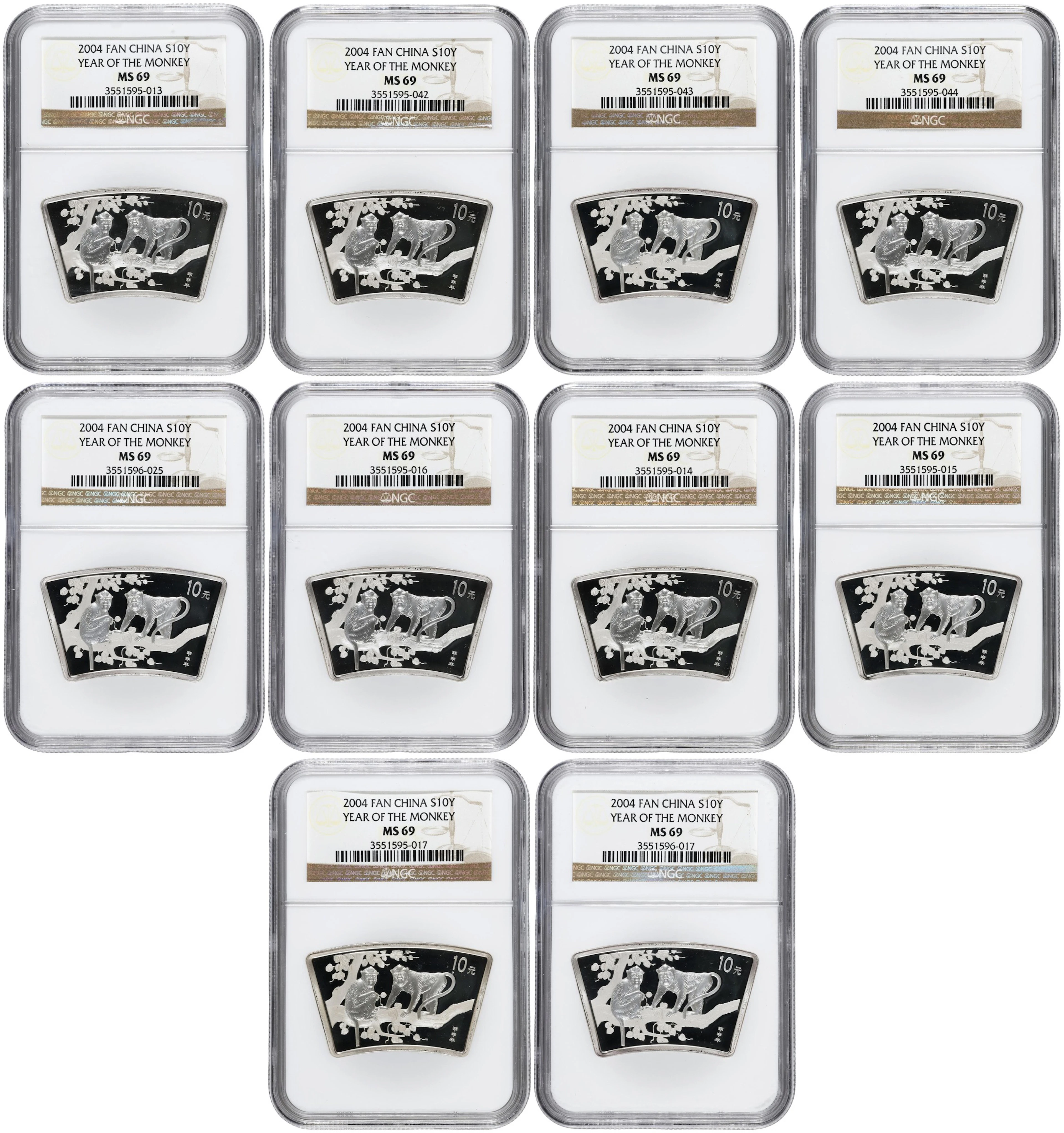 CHINA. Group of Silver 10 Yuan (10 Pieces), 2004. Lunar Series, Year