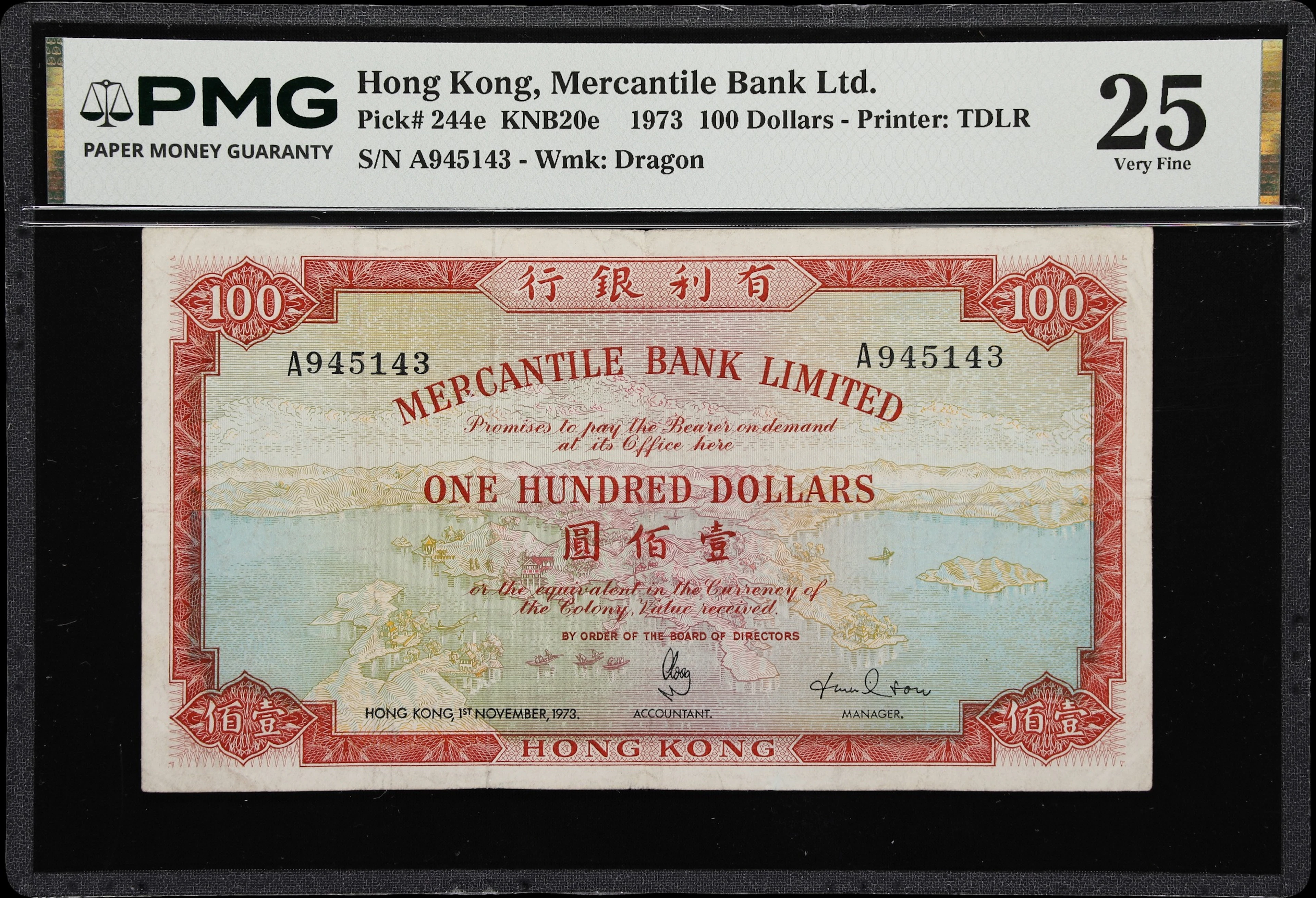 HONG KONG (SAR). Mercantile Bank Limited. 100 Dollars, 1.11.1973.
