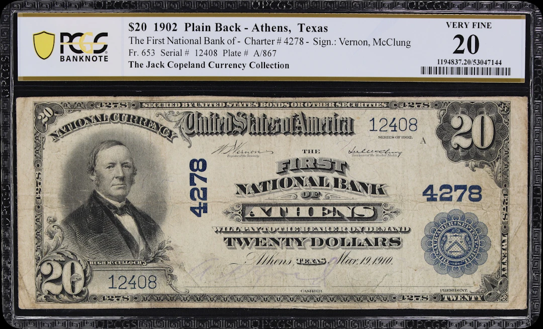 Athens, Texas. $20 1902 Plain Back. Fr. 653. First NB. Charter #4278.