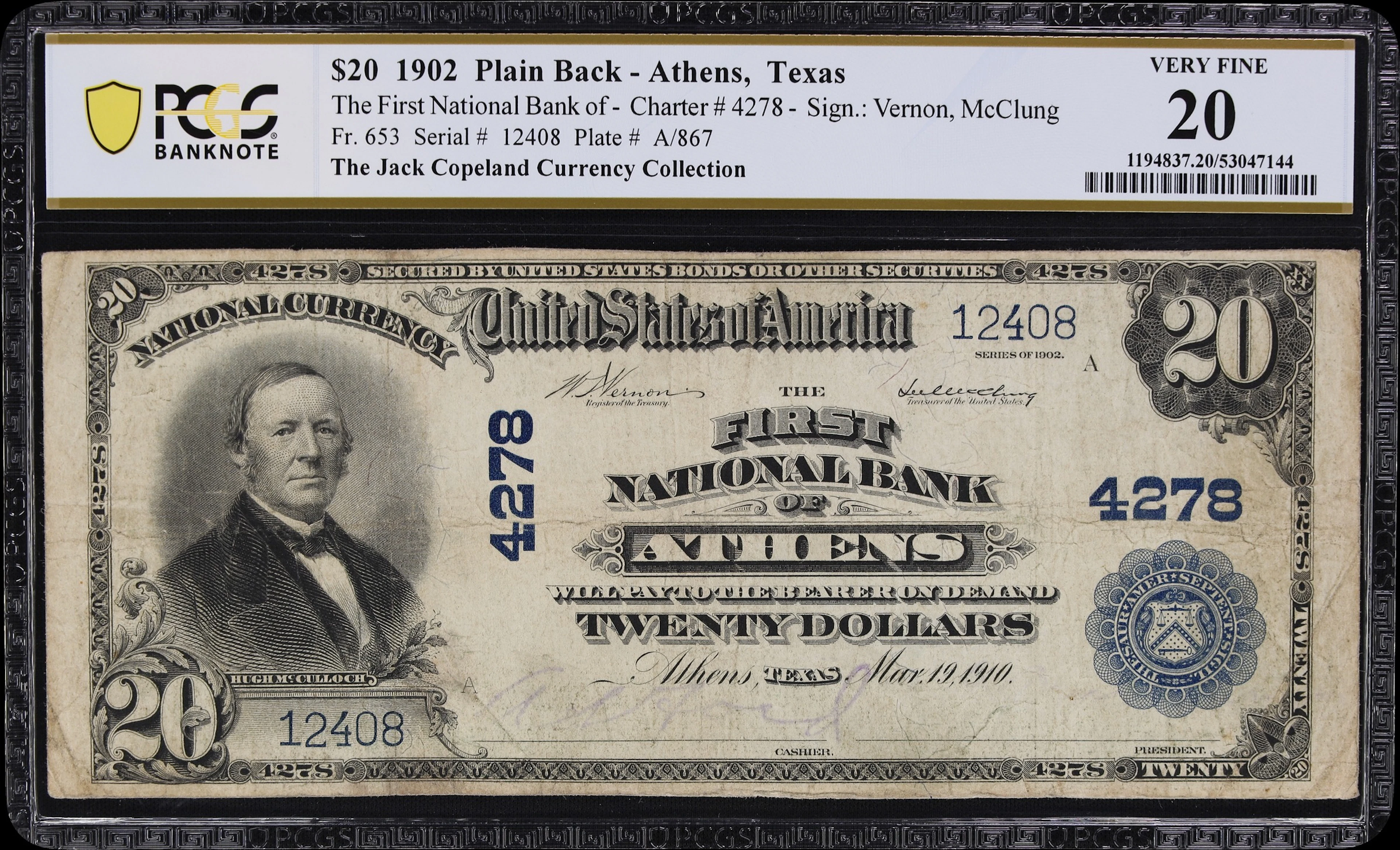 Athens, Texas. $20 1902 Plain Back. Fr. 653. First NB. Charter #4278.