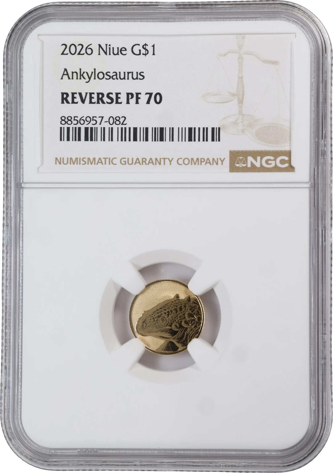 (0.032 oz, 1 g AGW). Niue. 2026 Ankylosaurus Gold $1. Reverse PF-70 (NGC).