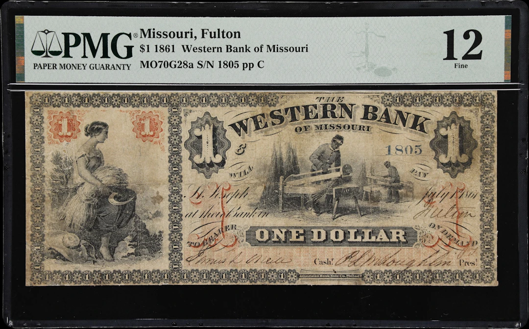 Fulton, Missouri. Western Bank of Missouri. 1861 $1. PMG Fine 12.