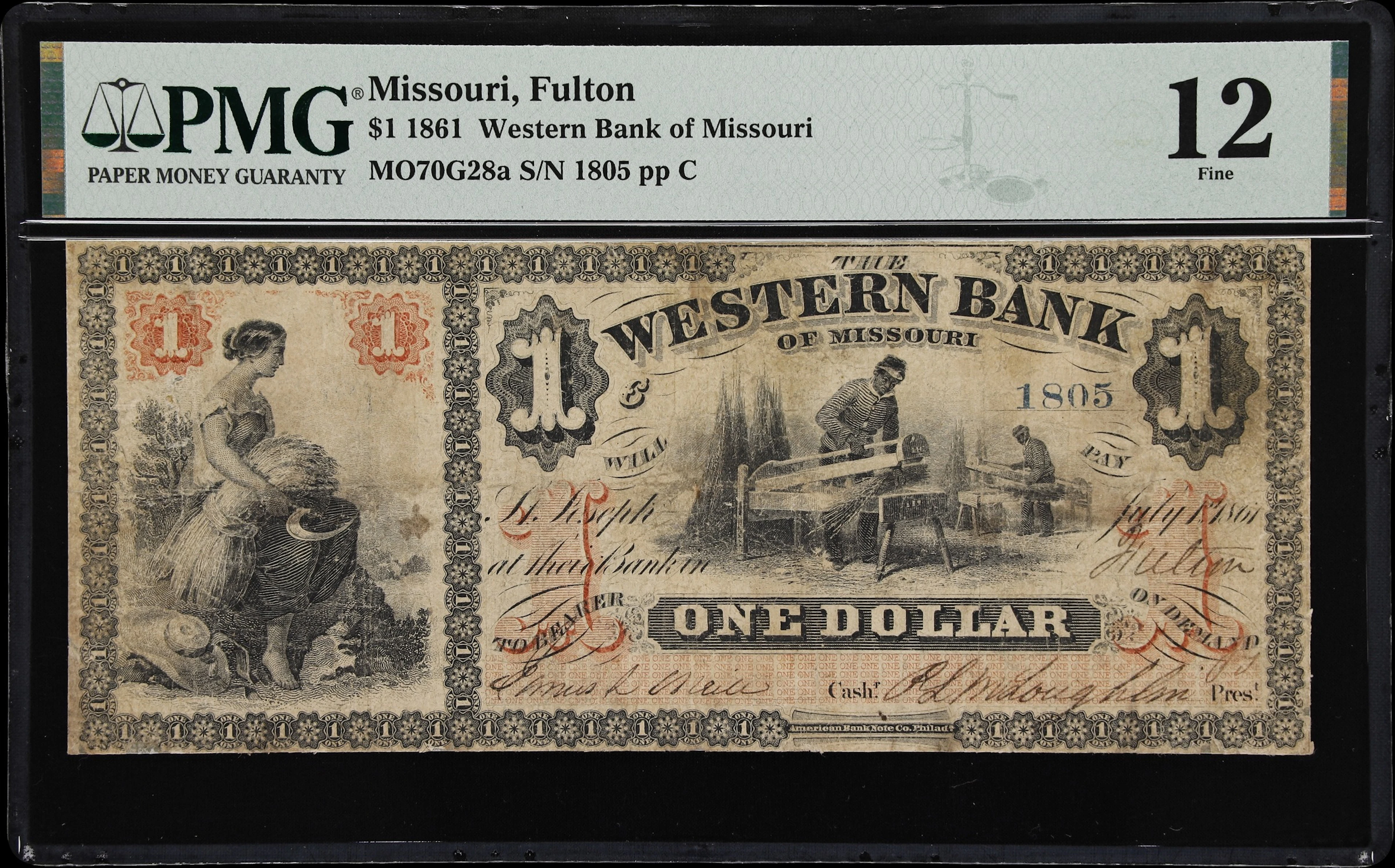 Fulton, Missouri. Western Bank of Missouri. 1861 $1. PMG Fine 12.