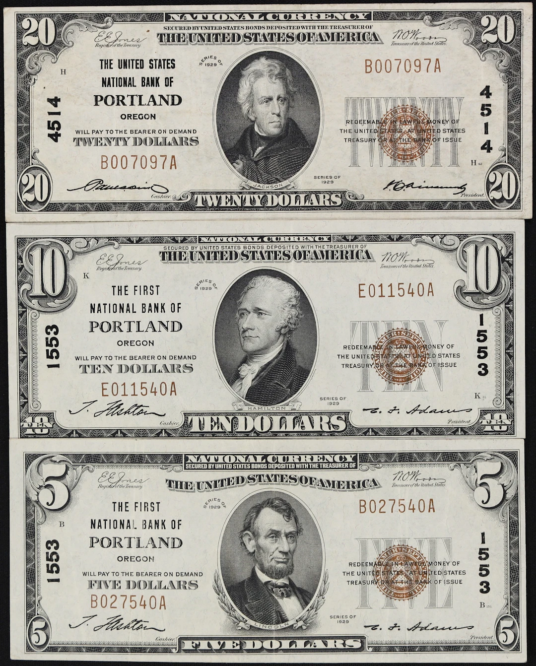 Lot of (3) Portland, Oregon. $5, $10 & $20 1929 Ty. 1. Fr. 1800-1