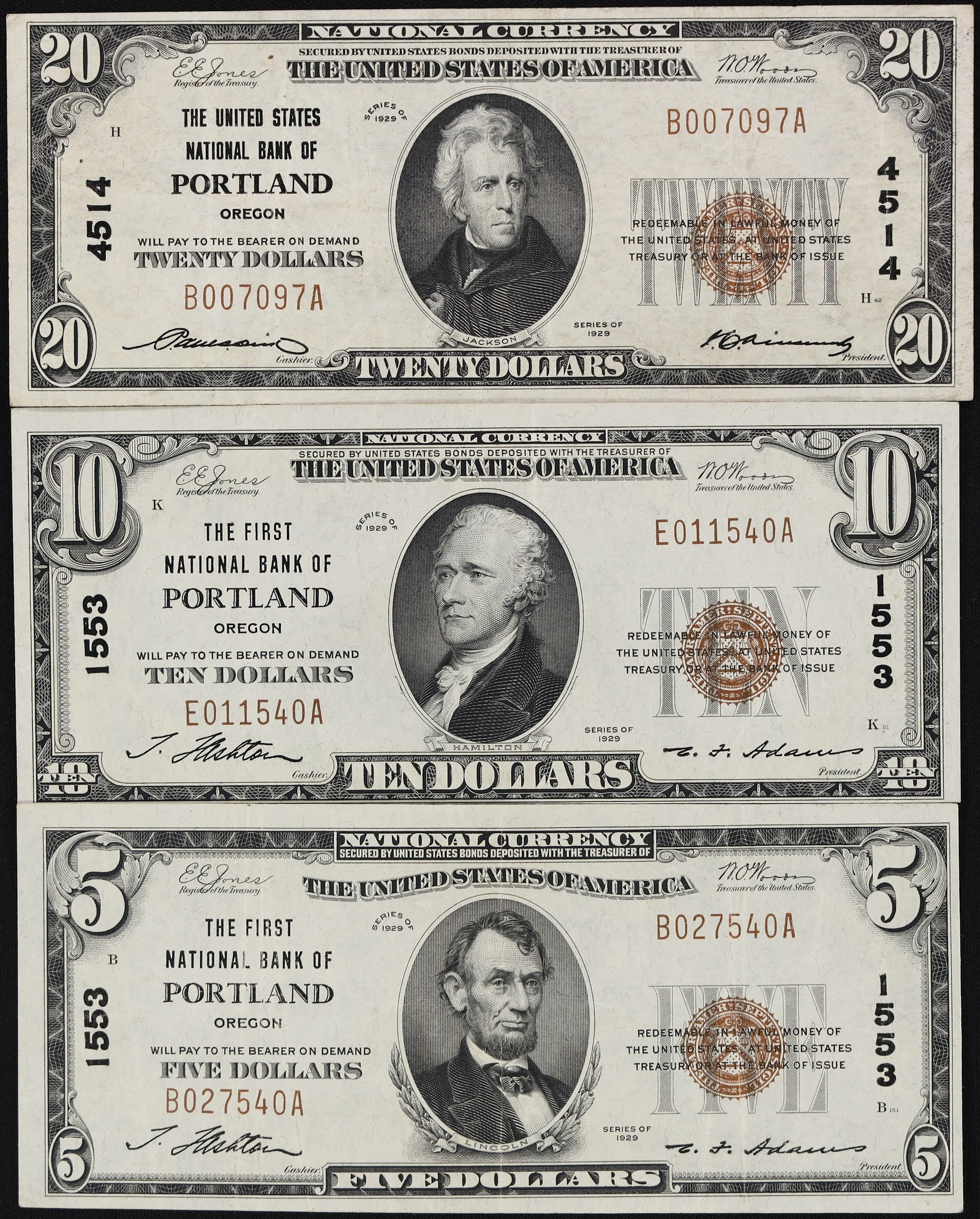 Lot of (3) Portland, Oregon. $5, $10 & $20 1929 Ty. 1. Fr. 1800-1
