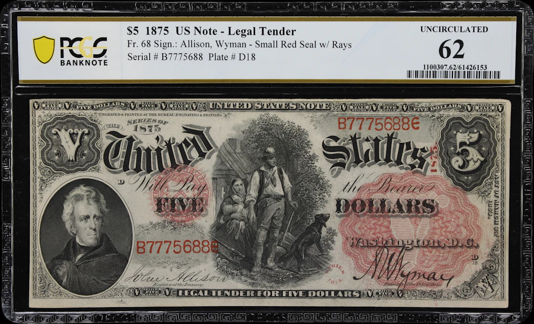 Fr. 68. 1875 $5 Legal Tender Note. PCGS Banknote Uncirculated 62.