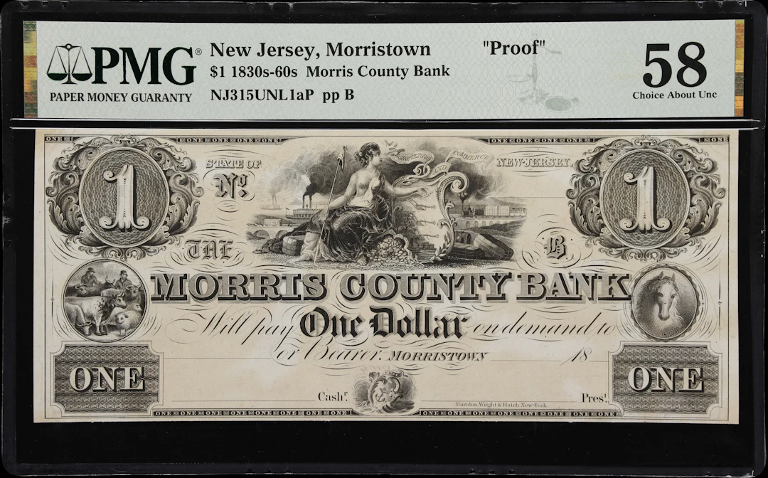 Morristown, New Jersey. Morris County Bank. 18xx $1. PMG Choice About