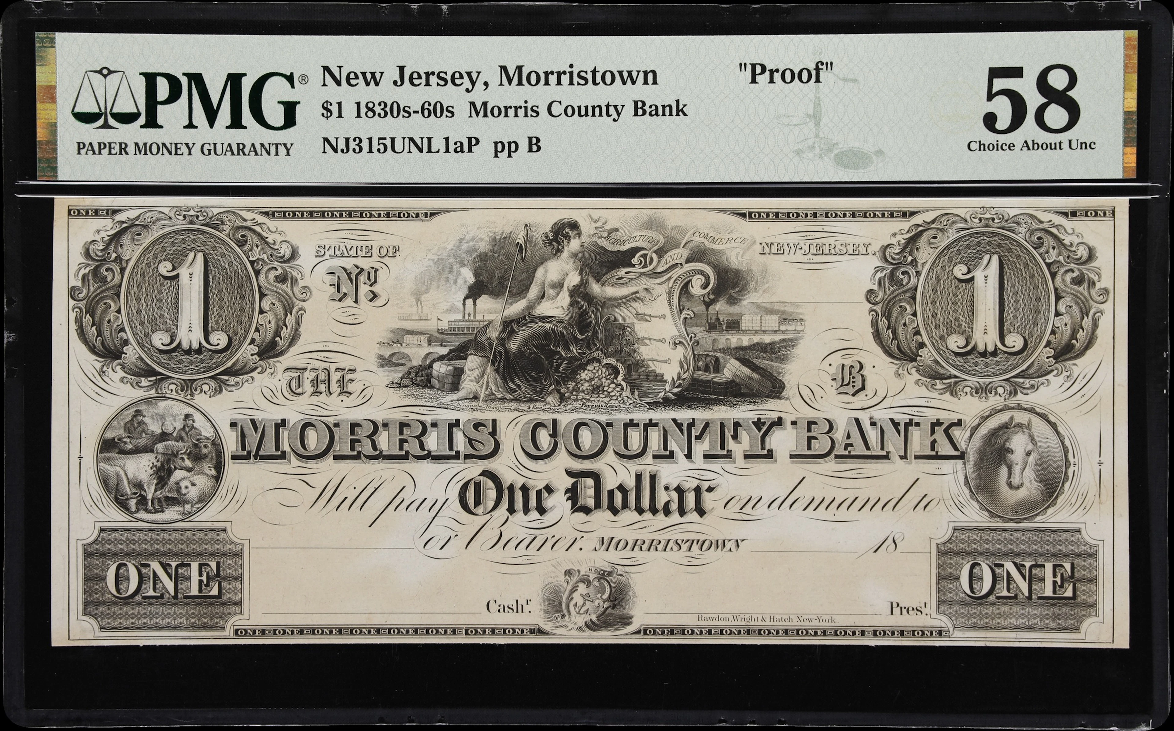 Morristown, New Jersey. Morris County Bank. 18xx $1. PMG Choice About