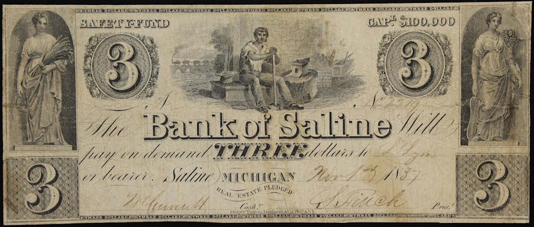 Saline, Michigan. Bank of Saline. 1837 $3. Fine to Very Fine.