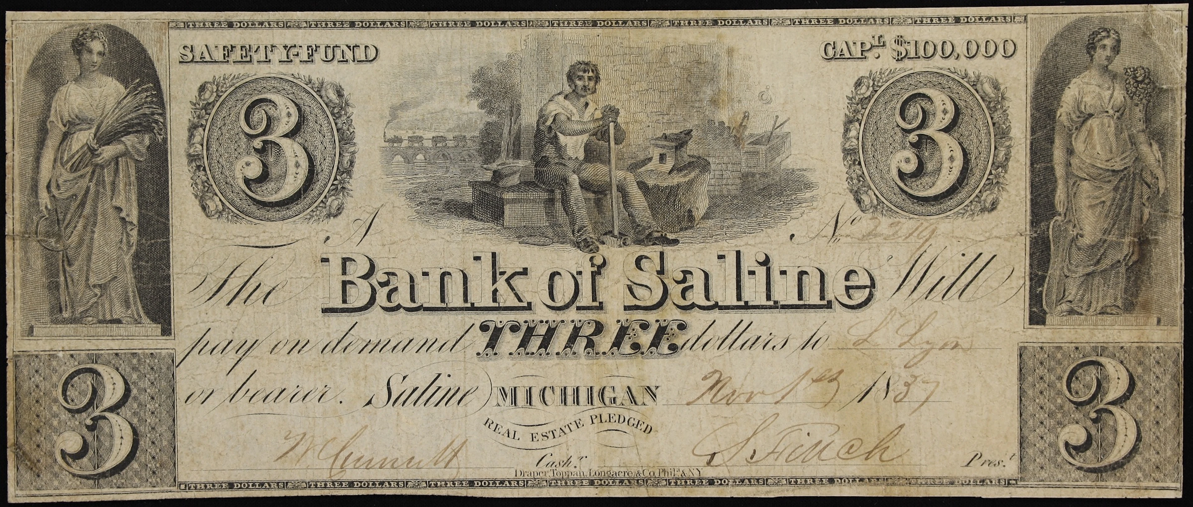 Saline, Michigan. Bank of Saline. 1837 $3. Fine to Very Fine.