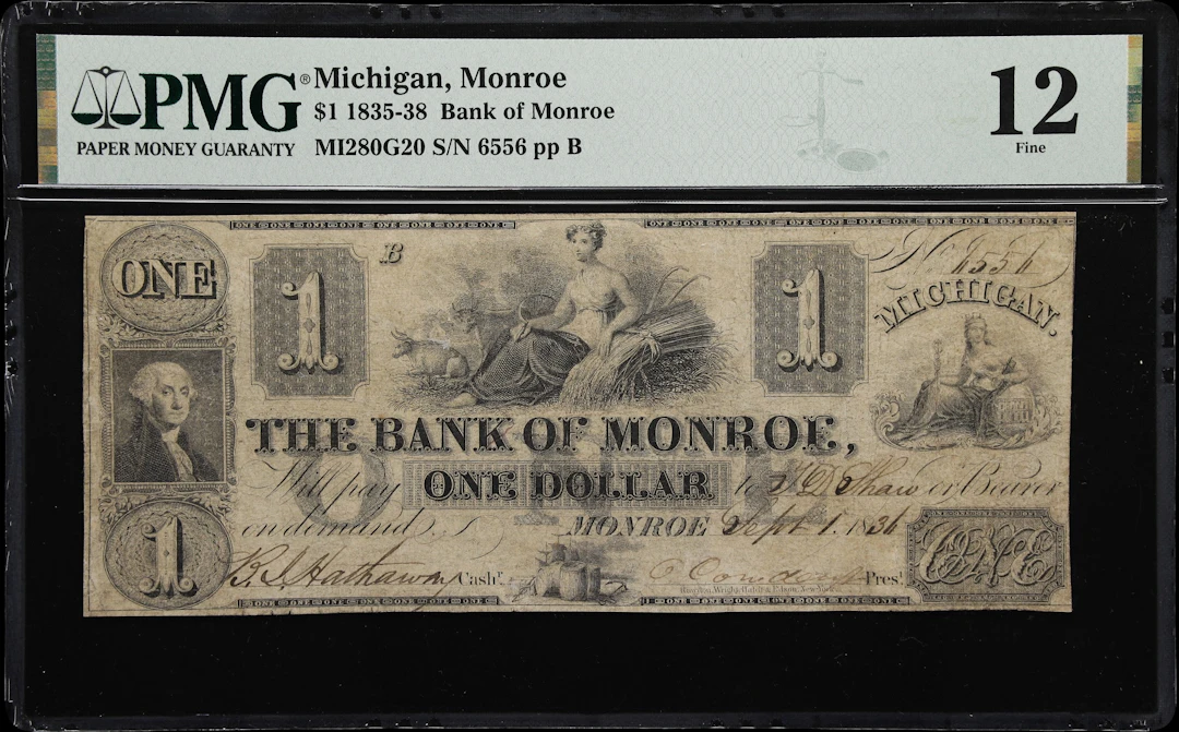 Monroe, Michigan Territory. Bank of Monroe. 1836 $1. PMG Fine 12.