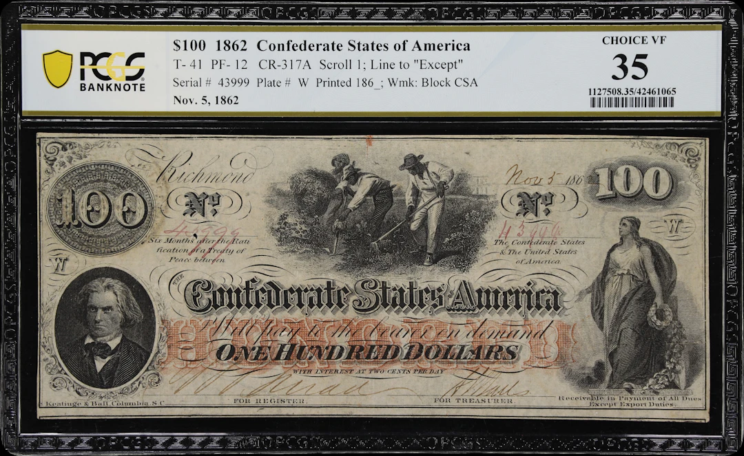 T-41. Confederate Currency. 1862 $100. PCGS Banknote Choice Very Fine