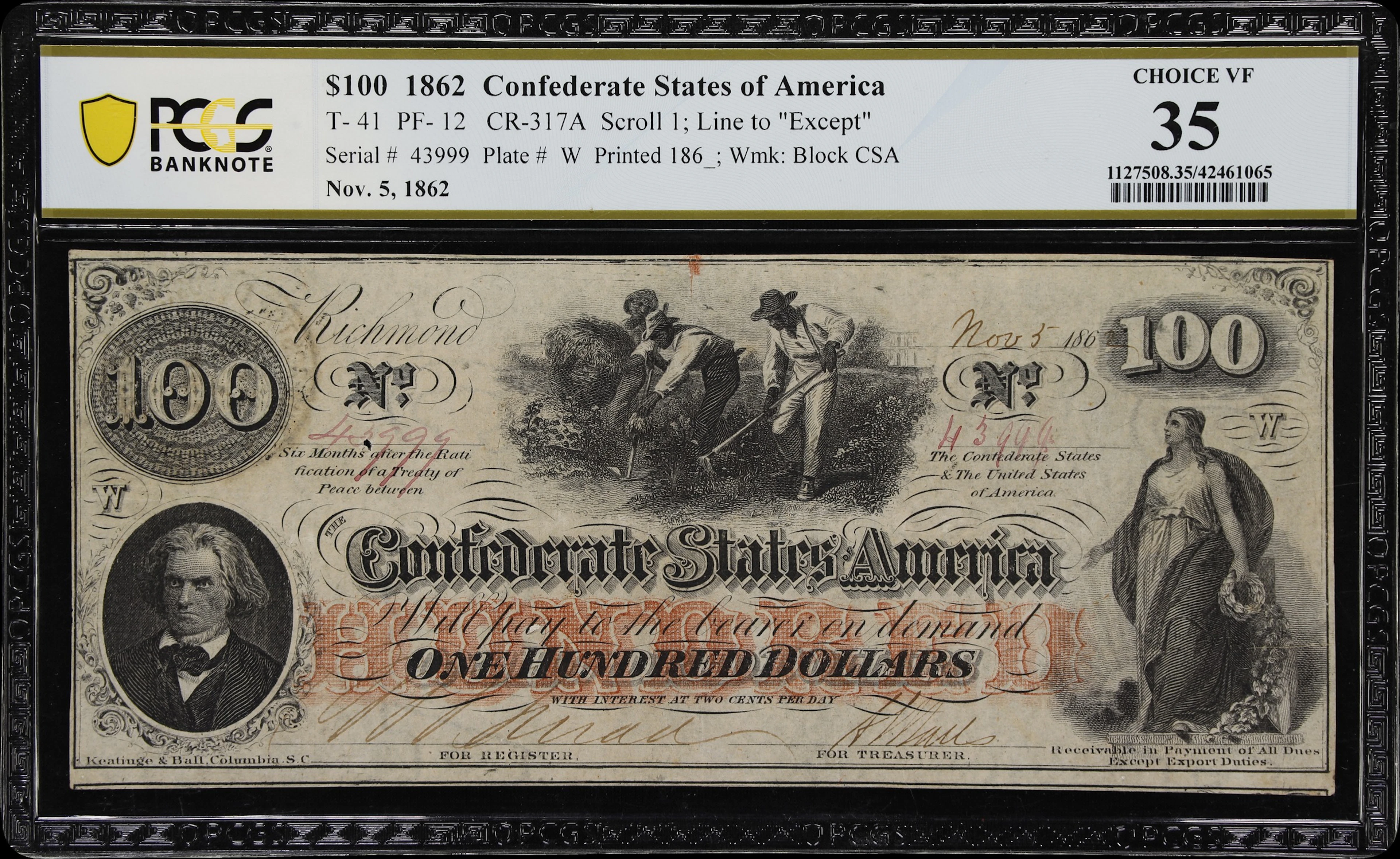T-41. Confederate Currency. 1862 $100. PCGS Banknote Choice Very Fine