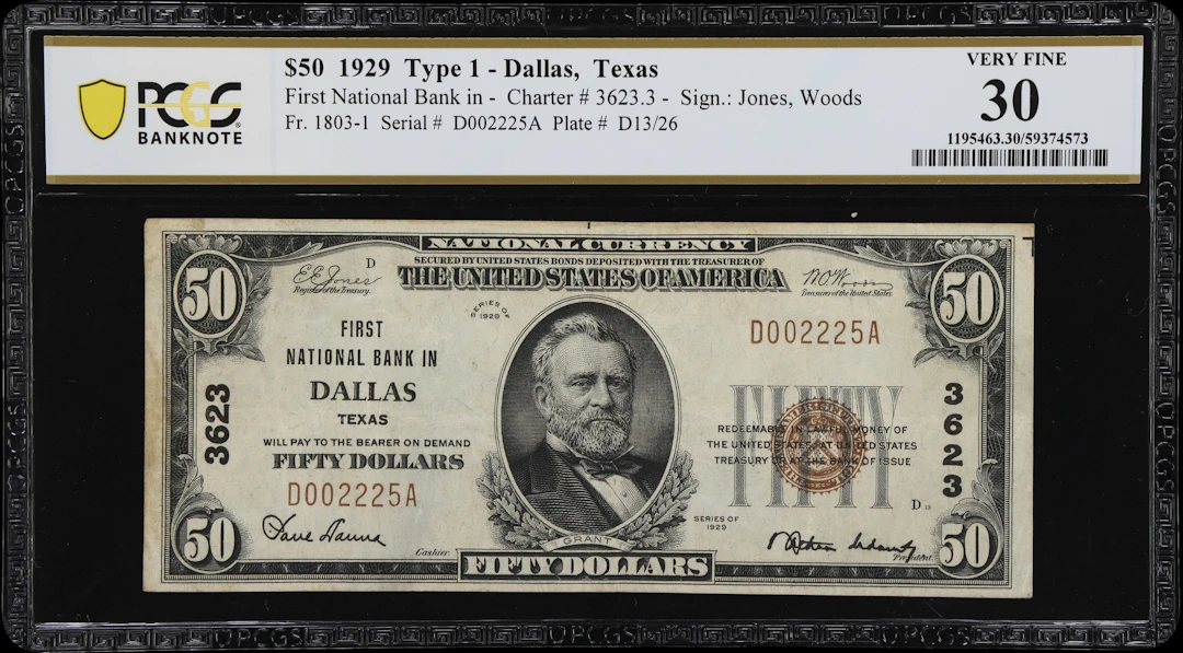 Dallas, Texas. $50 1929 Ty. 1. Fr. 1803-1. First NB. Charter #3623.