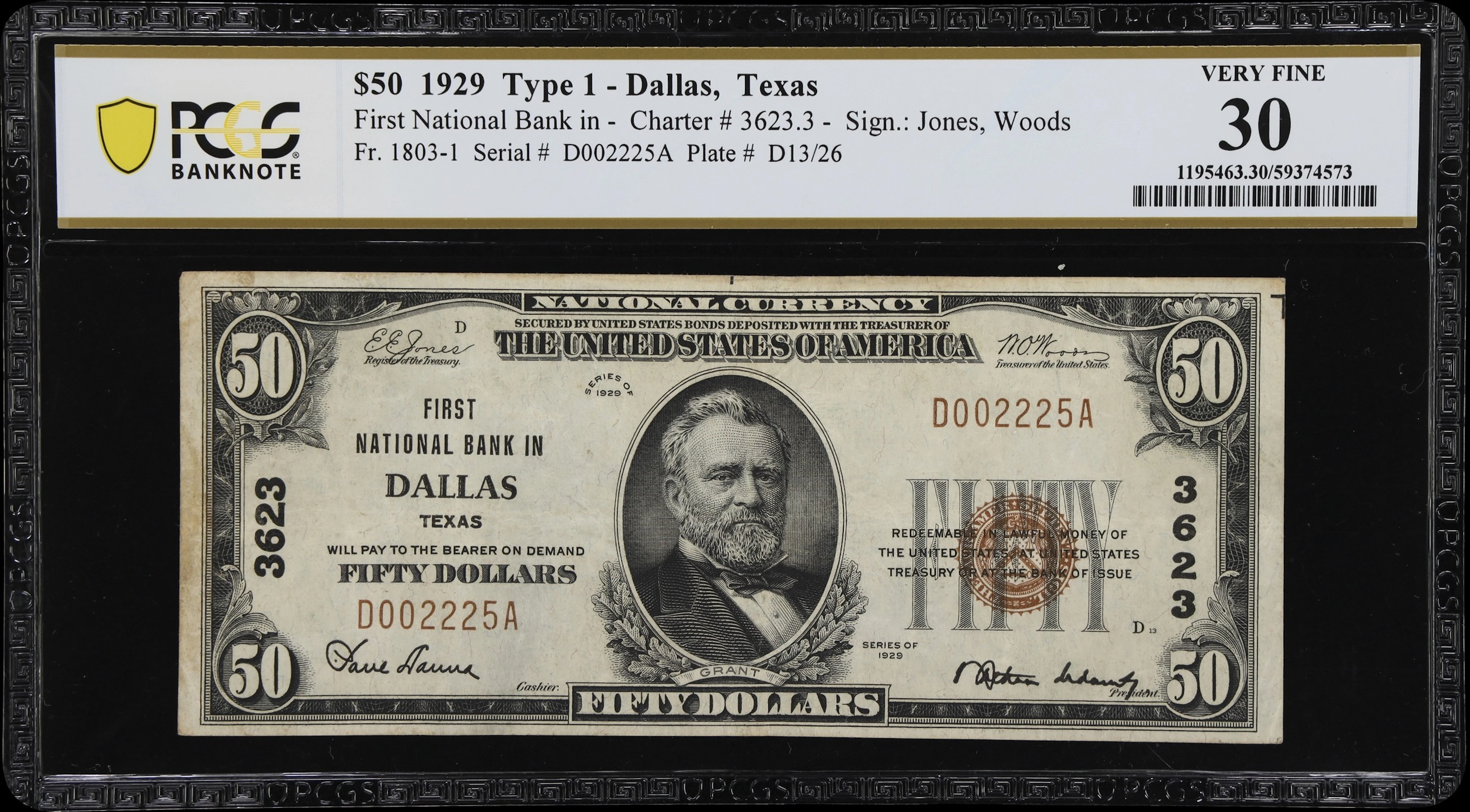 Dallas, Texas. $50 1929 Ty. 1. Fr. 1803-1. First NB. Charter #3623.