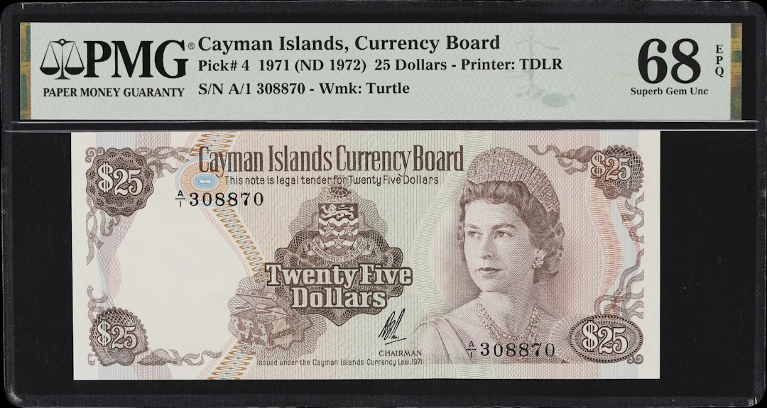 CAYMAN ISLANDS. Cayman Islands Currency Board. 25 Dollars, 1971. P-4.