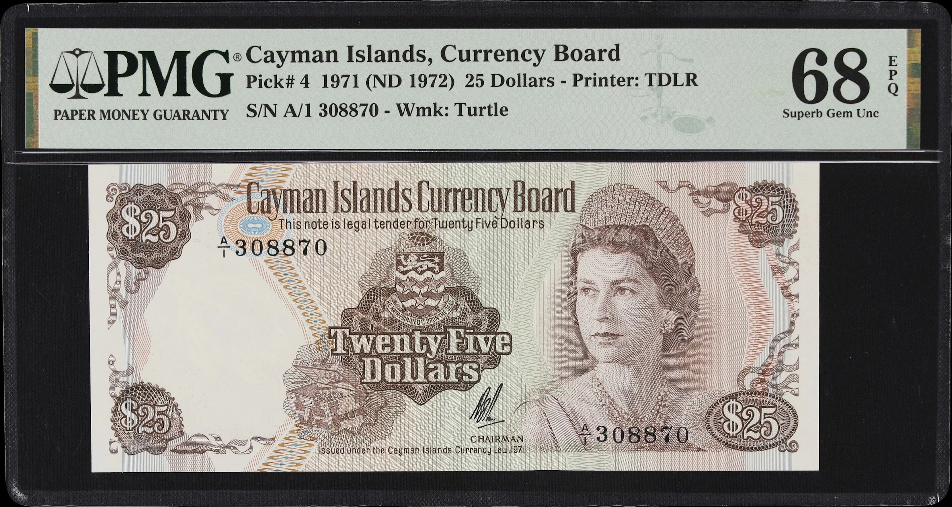 CAYMAN ISLANDS. Cayman Islands Currency Board. 25 Dollars, 1971. P-4.