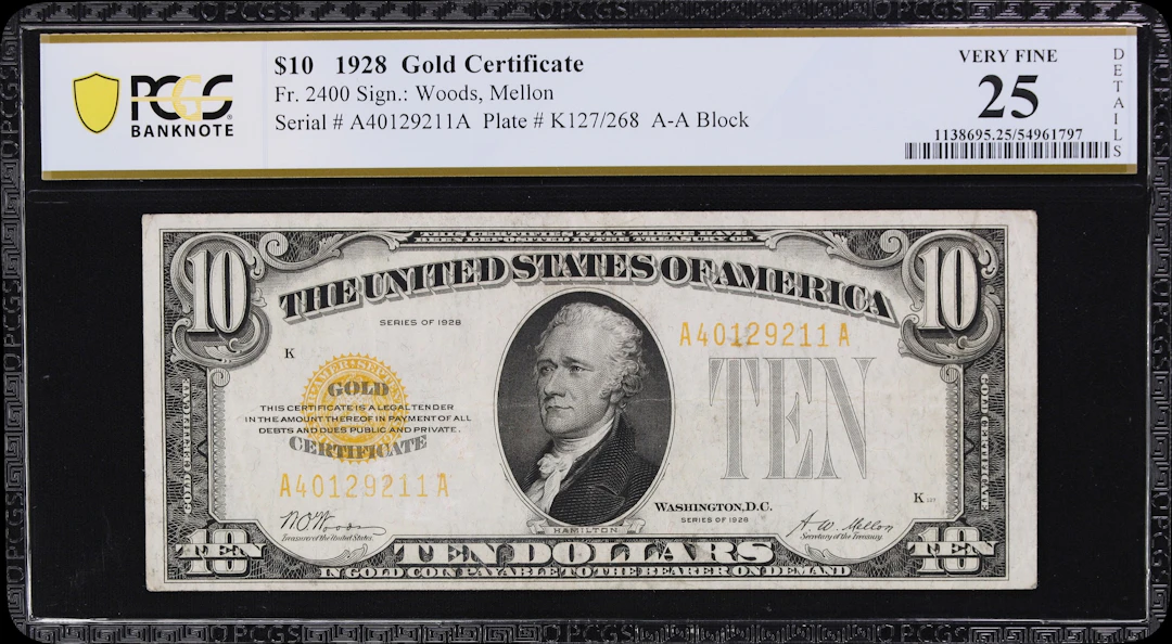 Fr. 2400. 1928 $10 Gold Certificate. PCGS Banknote Very Fine 25 Details.