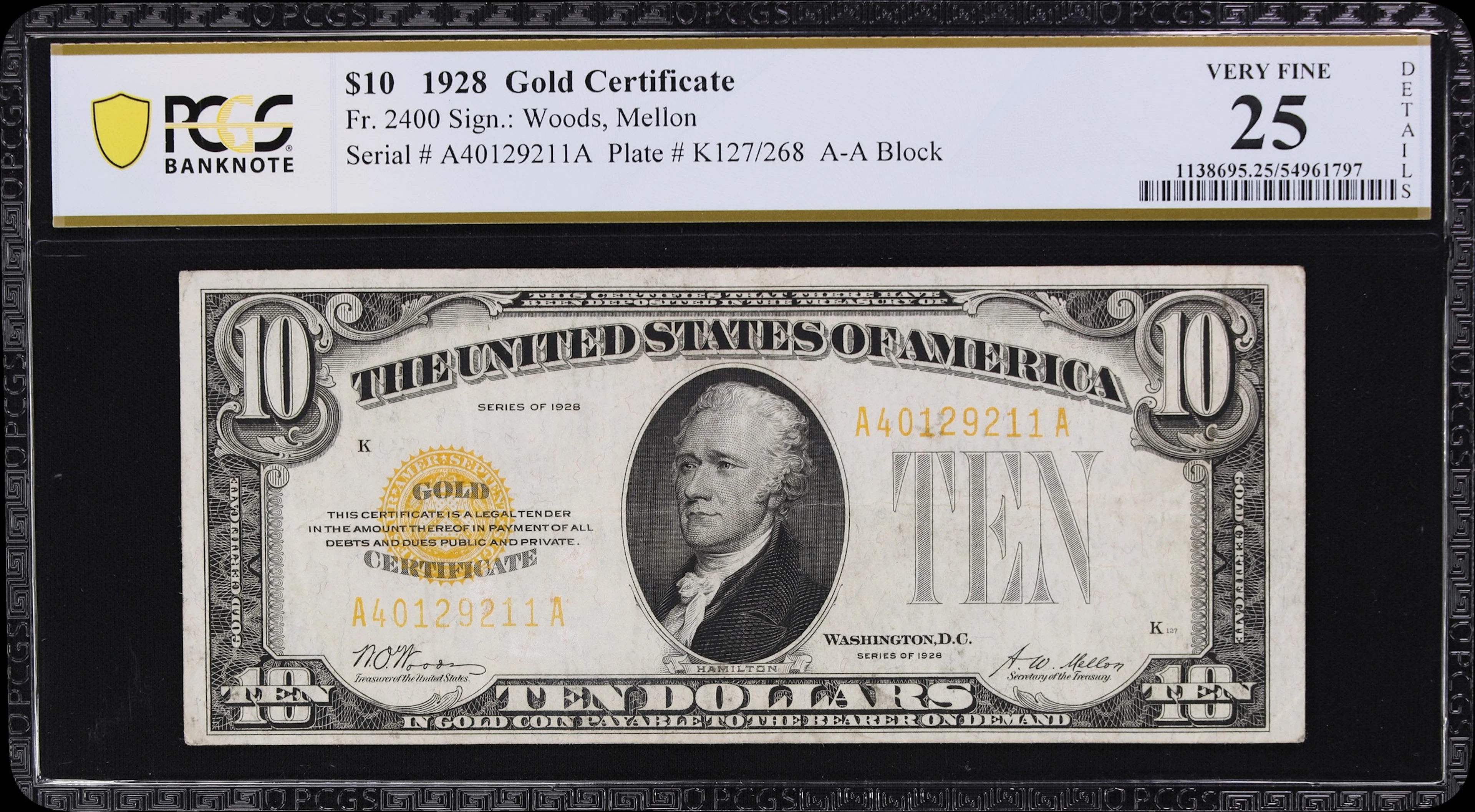 Fr. 2400. 1928 $10 Gold Certificate. PCGS Banknote Very Fine 25 Details.