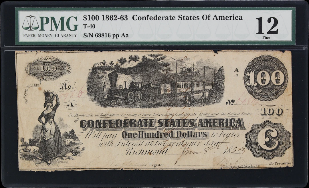 T-40. Confederate Currency. 1863 $100. PMG Fine 12.