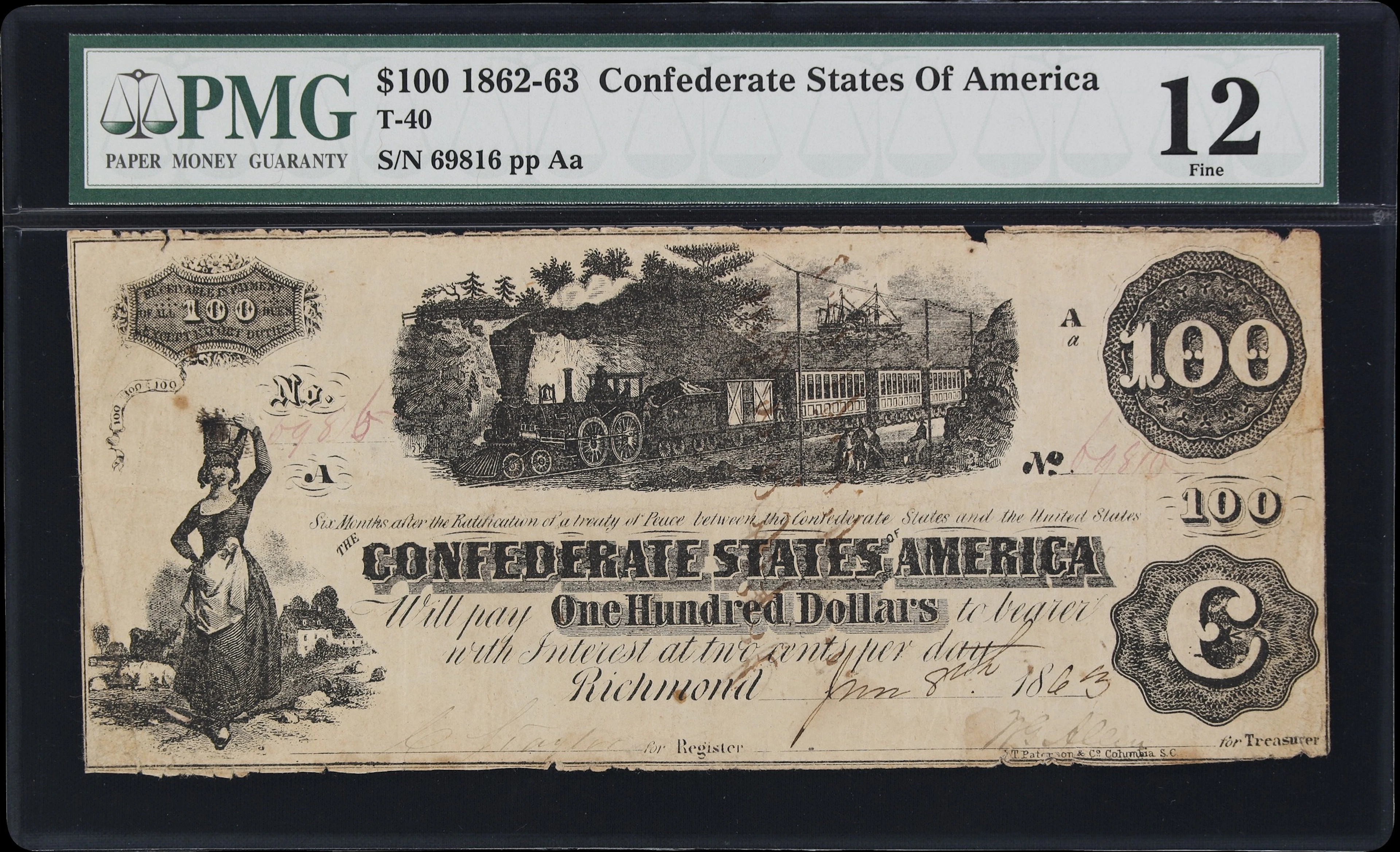 T-40. Confederate Currency. 1863 $100. PMG Fine 12. Penned Military