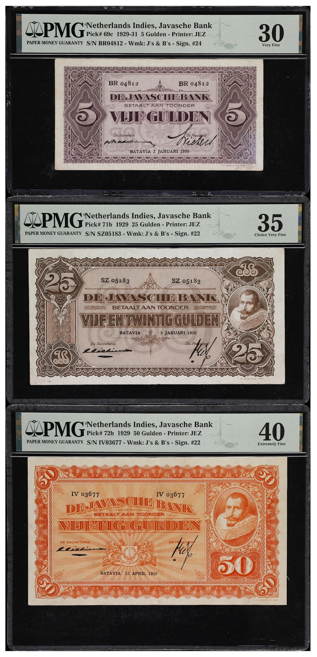 NETHERLANDS INDIES. Lot of (3). Javasche Bank. 5, 25, & 50 Gulden