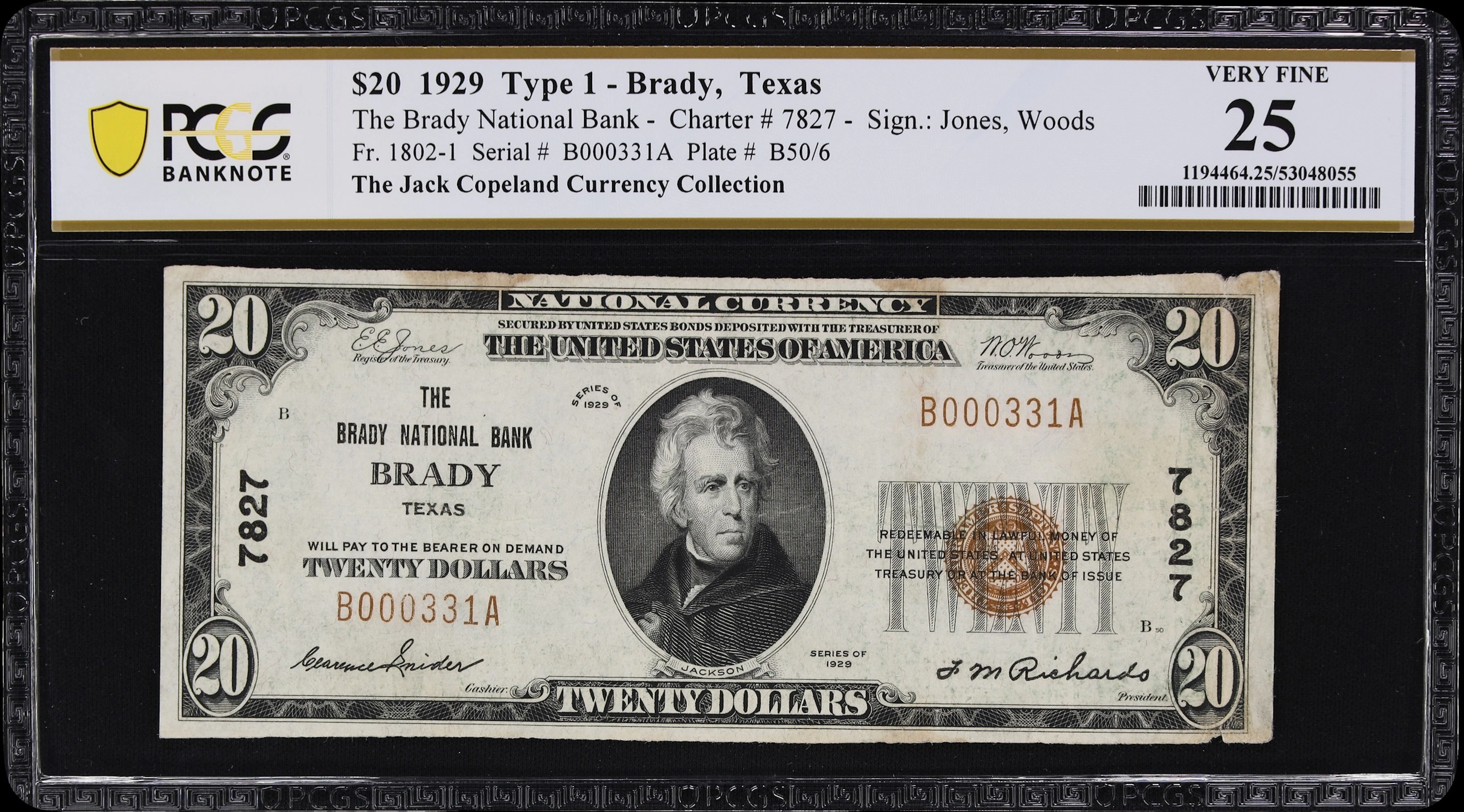 Brady, Texas. $20 1929 Ty. 1. Fr. 1802-1. Brady NB. Charter #7827.