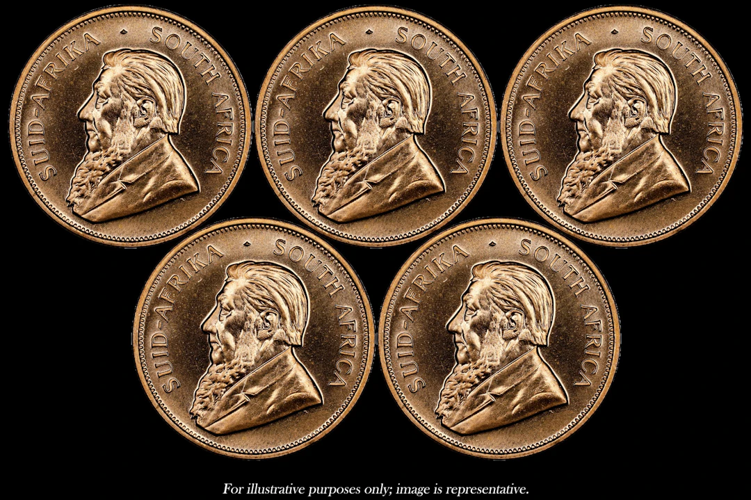 (5 oz, 155.52 g AGW). South Africa. Lot of (5) 1 oz Gold Krugerrands.