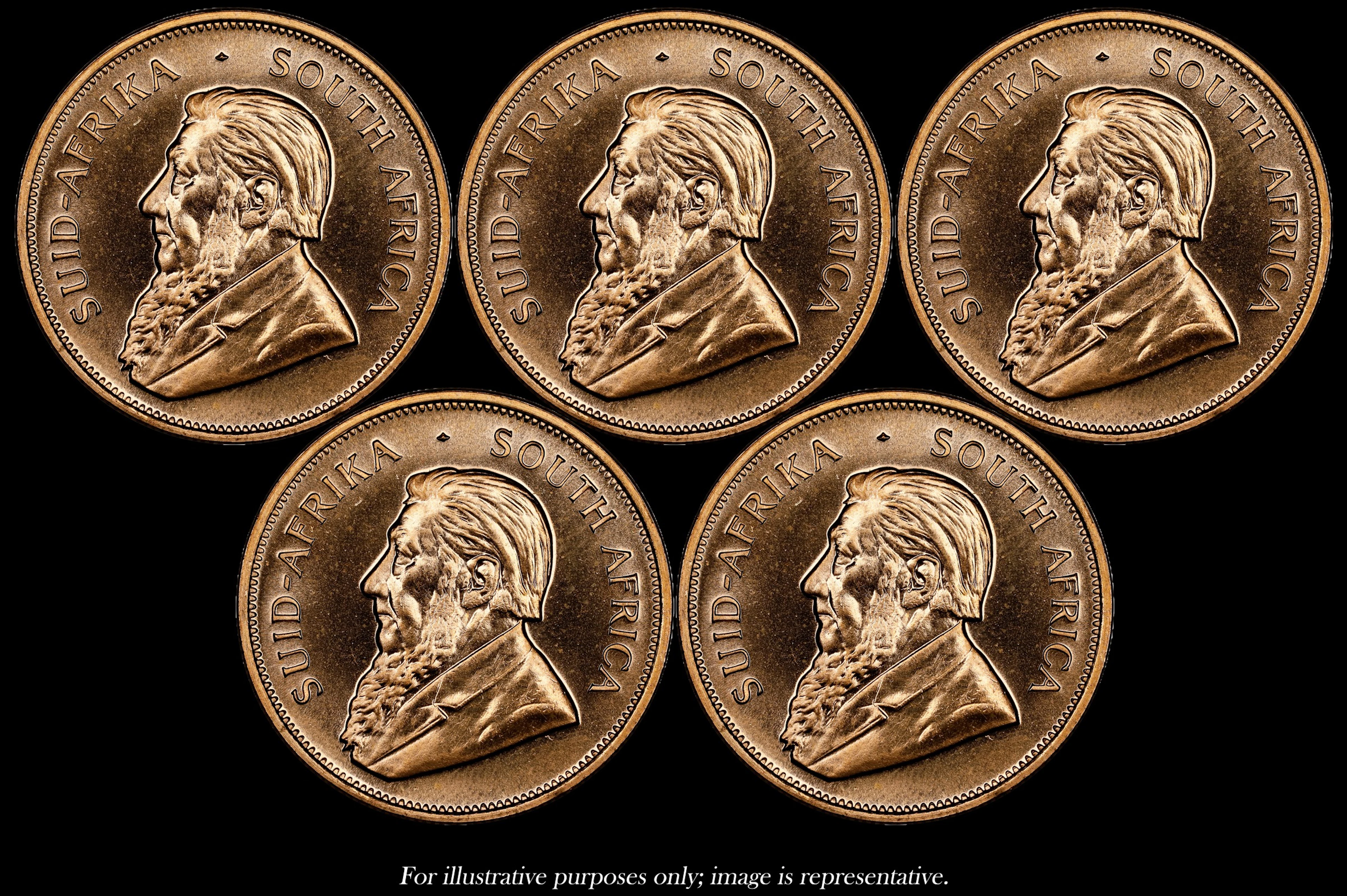 (5 oz, 155.52 g AGW). South Africa. Lot of (5) 1 oz Gold Krugerrands.