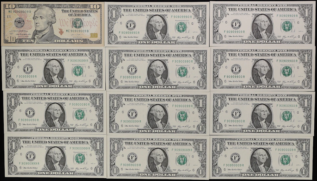 Lot of (12) Fr. 1933-F & 2042-E. 2006-13 $1 & $10 Federal Reserve