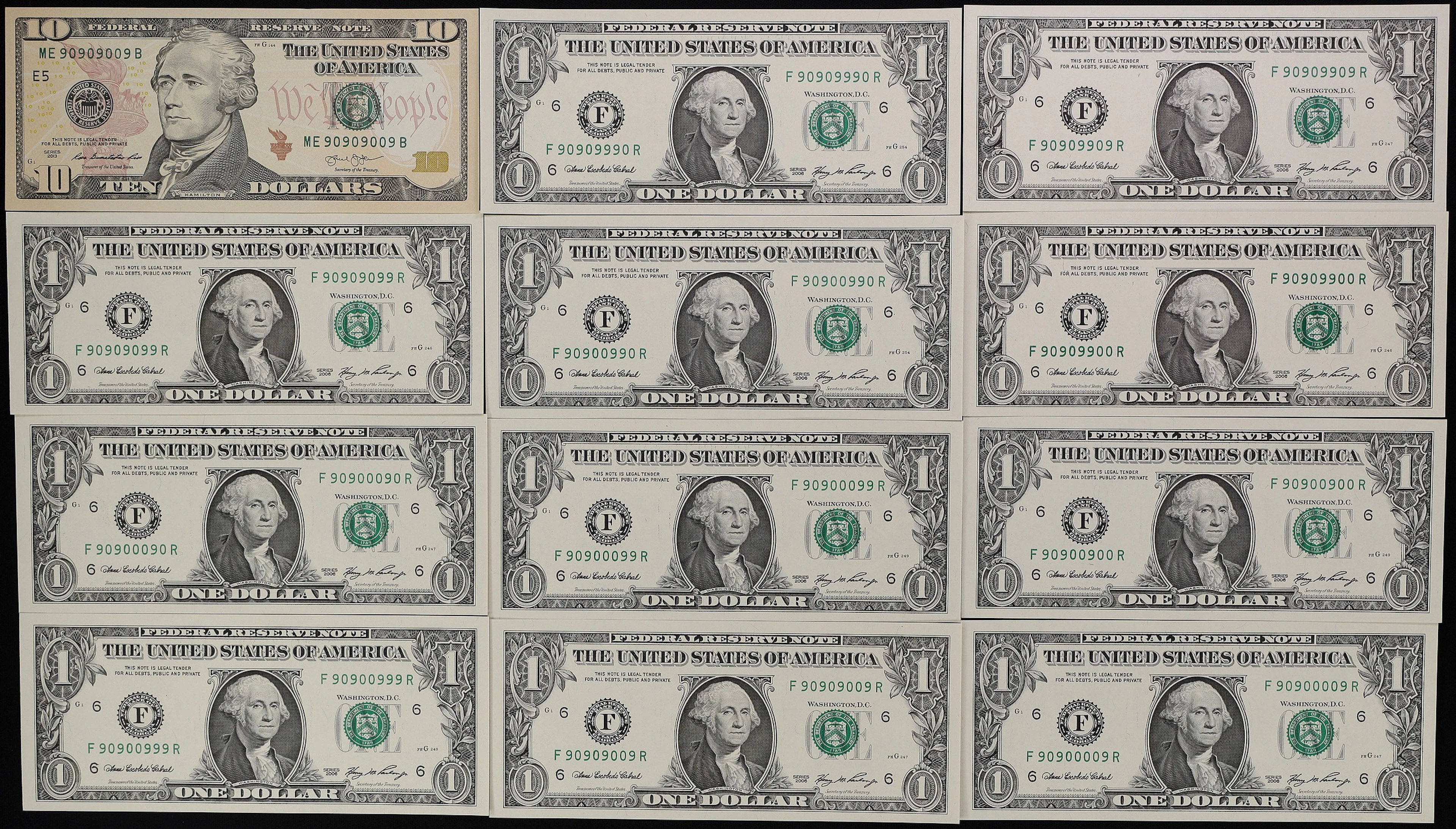 Lot of (12) Fr. 1933-F & 2042-E. 2006-13 $1 & $10 Federal Reserve