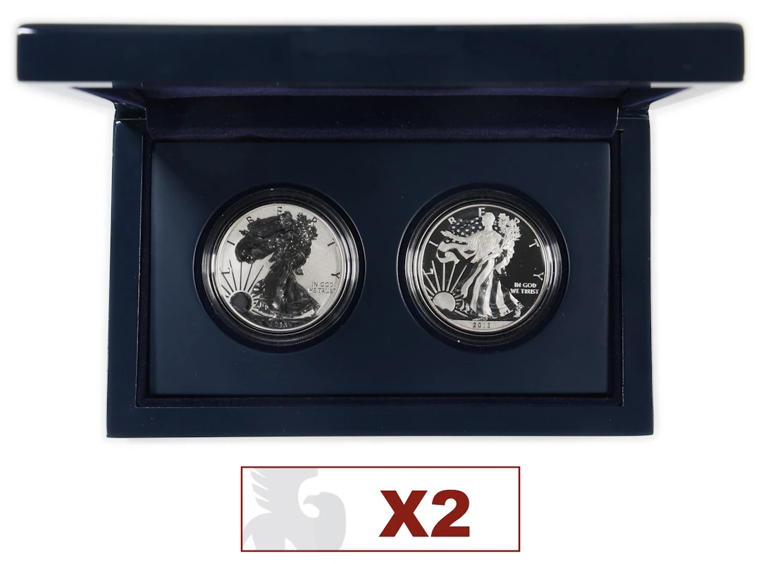 (4 oz, 124.416 g ASW). Lot of (2) 2013-W American Silver Eagle West