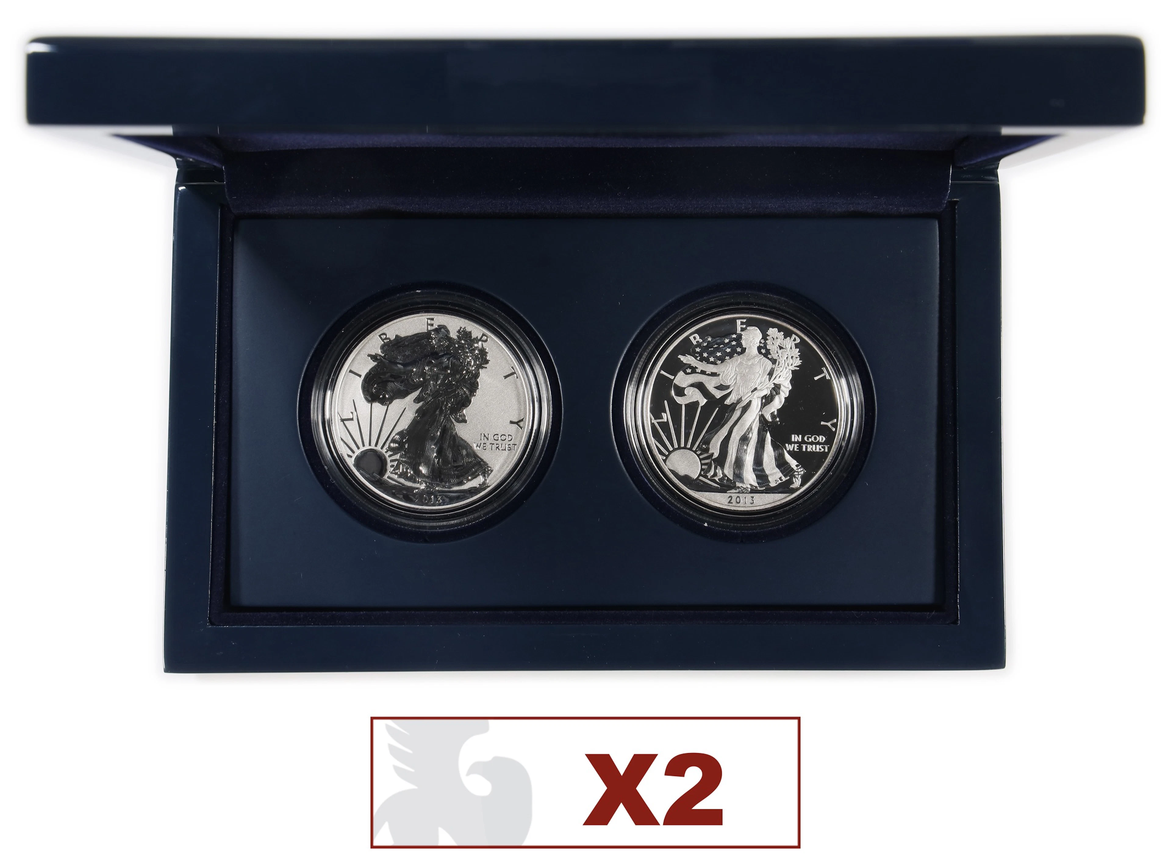 (4 oz, 124.416 g ASW). Lot of (2) 2013-W American Silver Eagle West