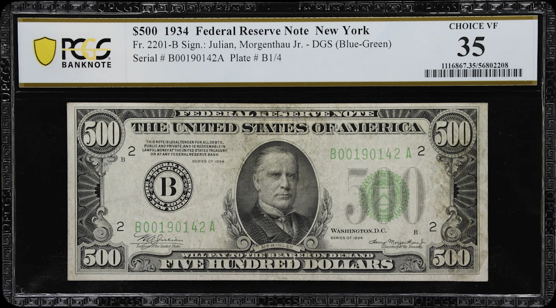 Fr. 2201-B. 1934 Dark Green Seal $500 Federal Reserve Note. New York.