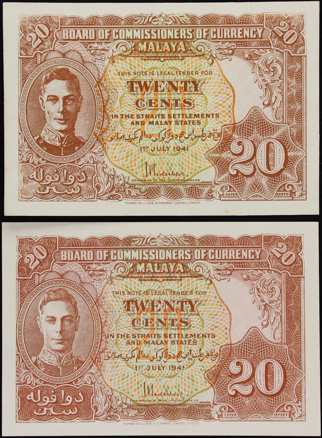 MALAYA. Lot of (2). Board of Commissioners of Currency. 20 Cents