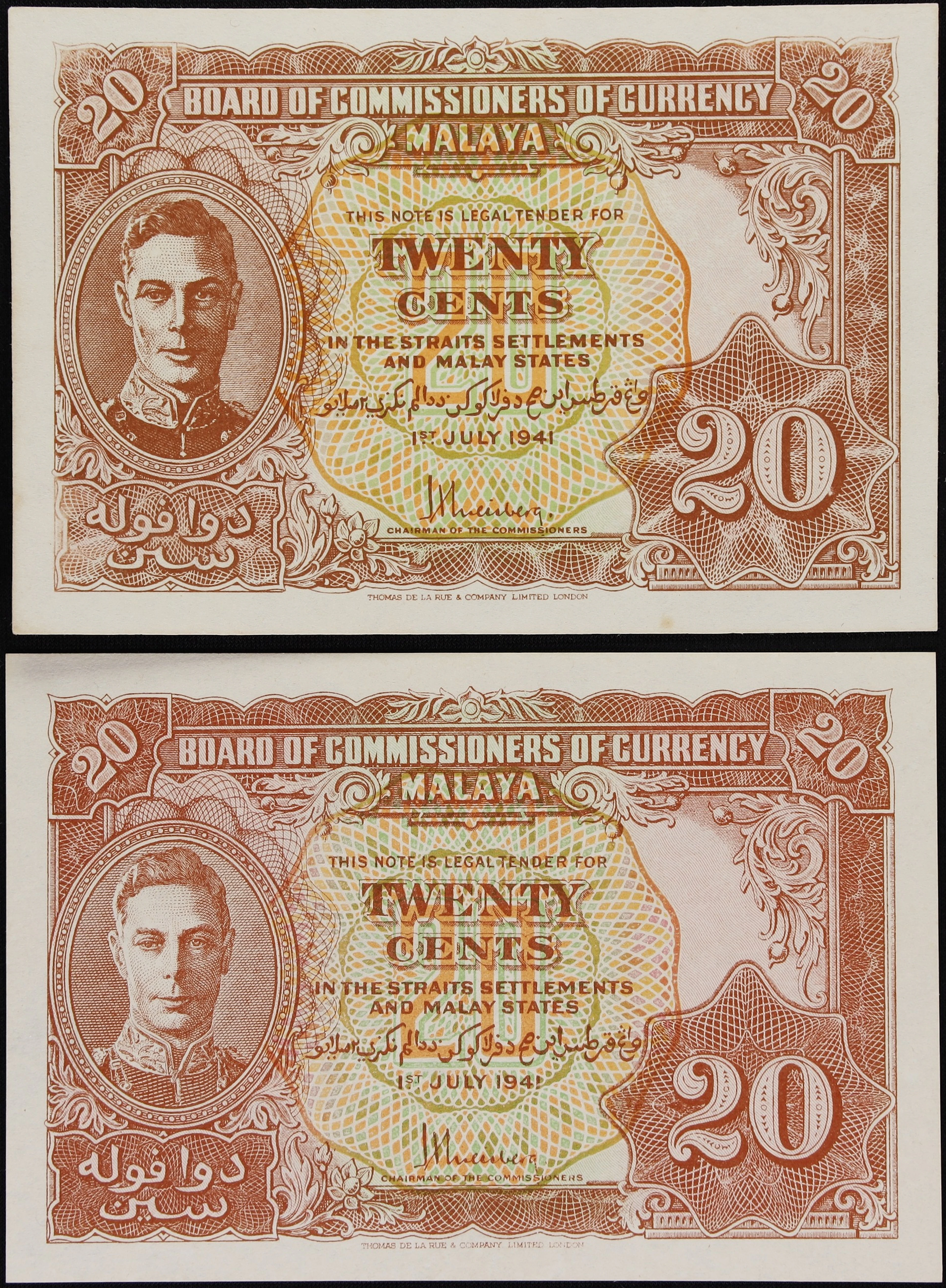 MALAYA. Lot of (2). Board of Commissioners of Currency. 20 Cents