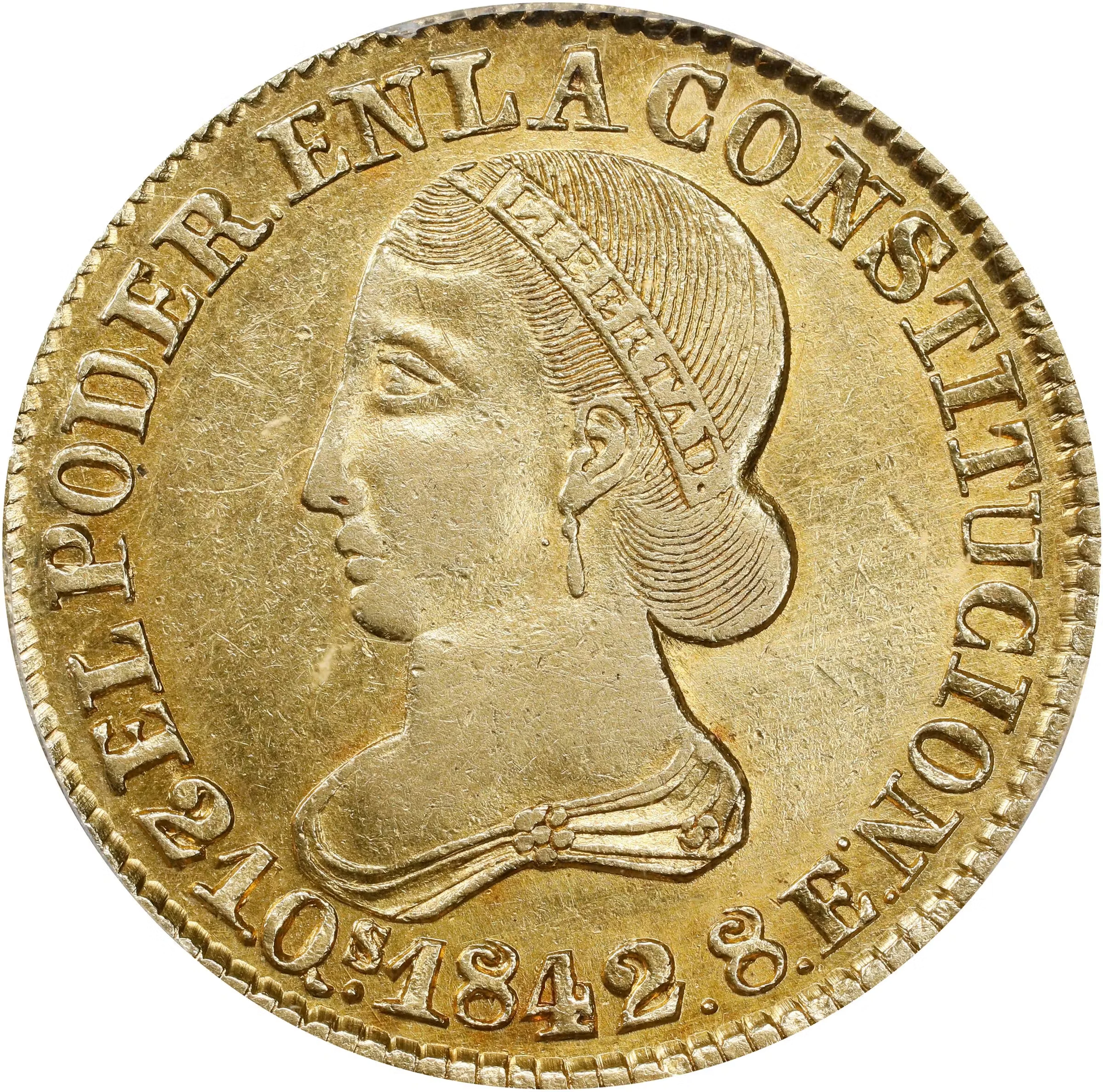ECUADOR. 8 Escudos, 1842-QUITO MV S. Quito Mint. PCGS Genuine--Cleaning