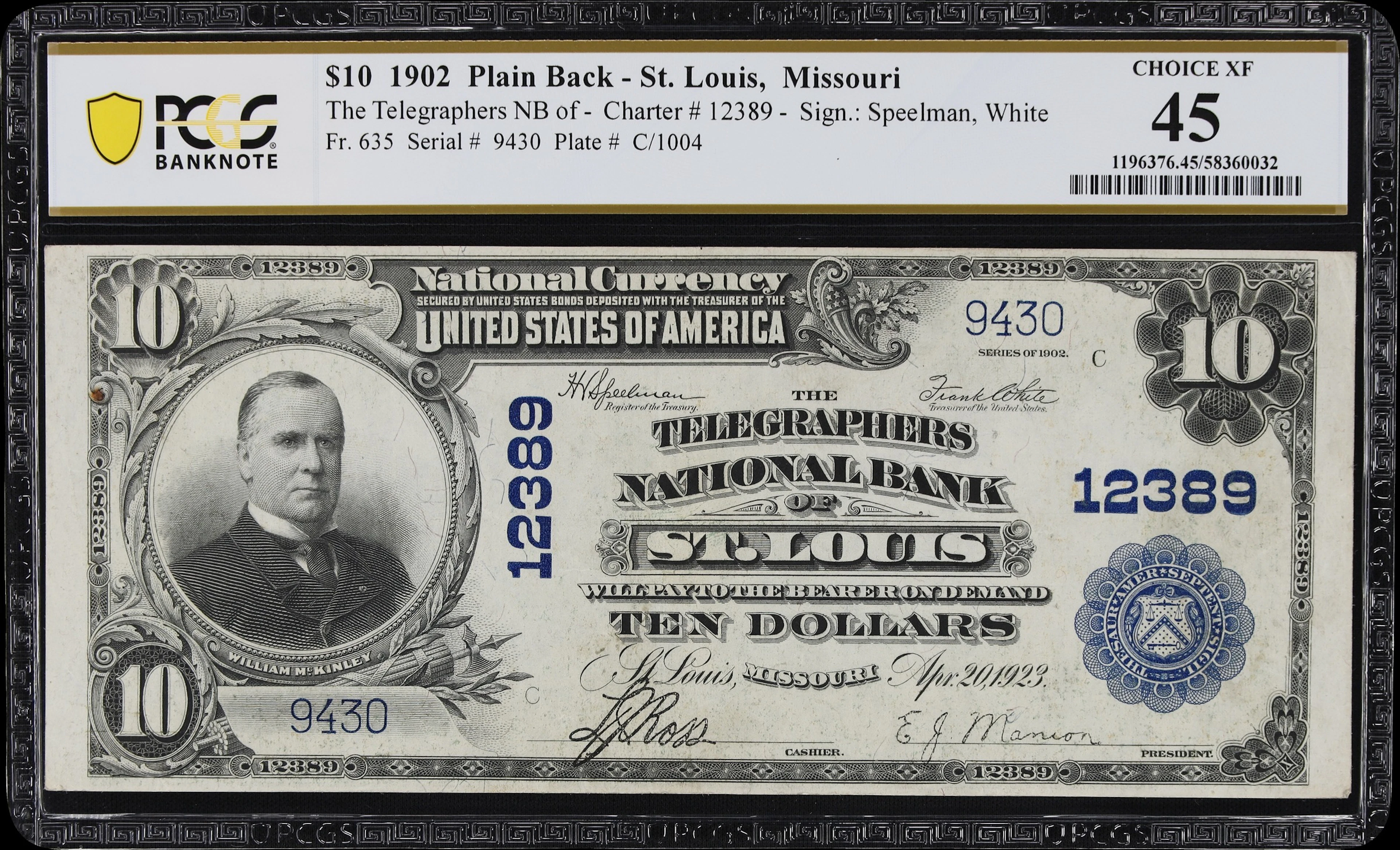 Saint Louis, Missouri. $10 1902 Plain Back. Fr. 635. Telegraphers