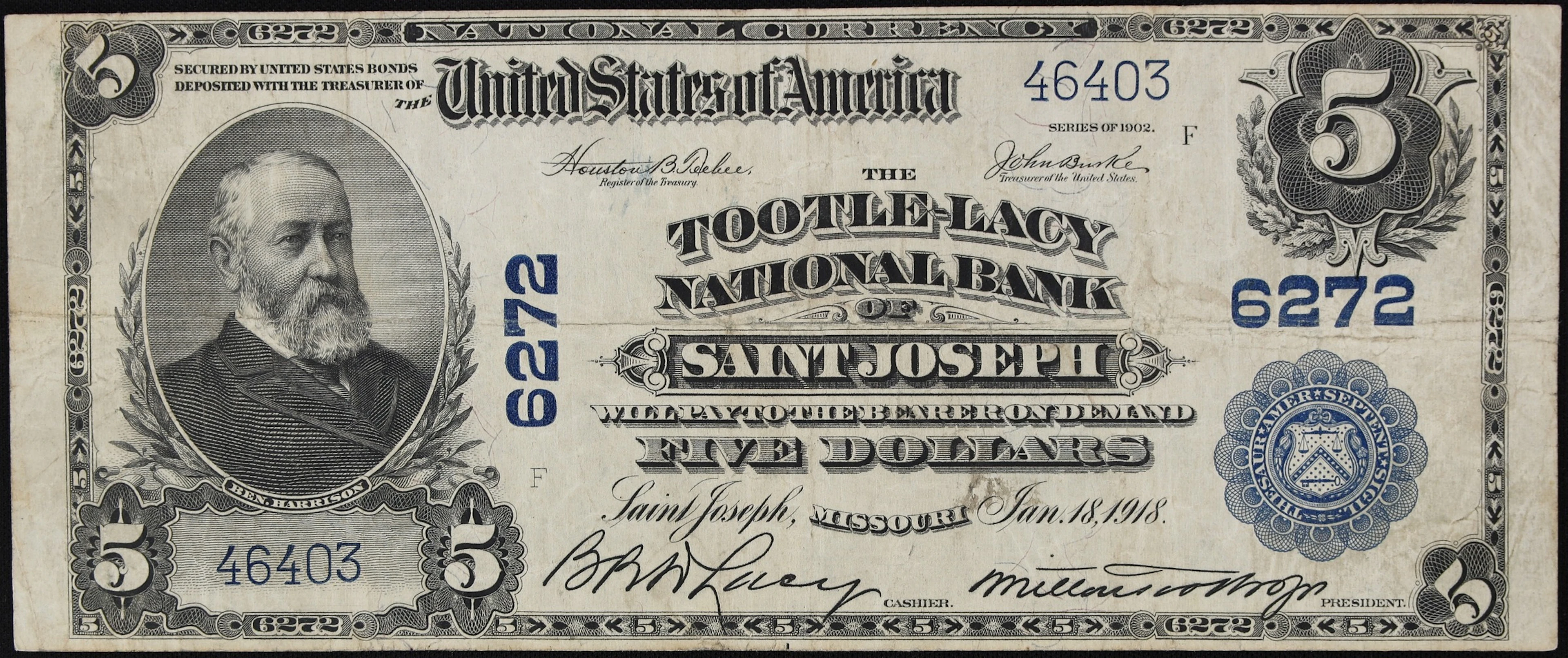 Saint Joseph, Missouri. $5 1902 Plain Back. Fr. 606. The Tootle-Lemon