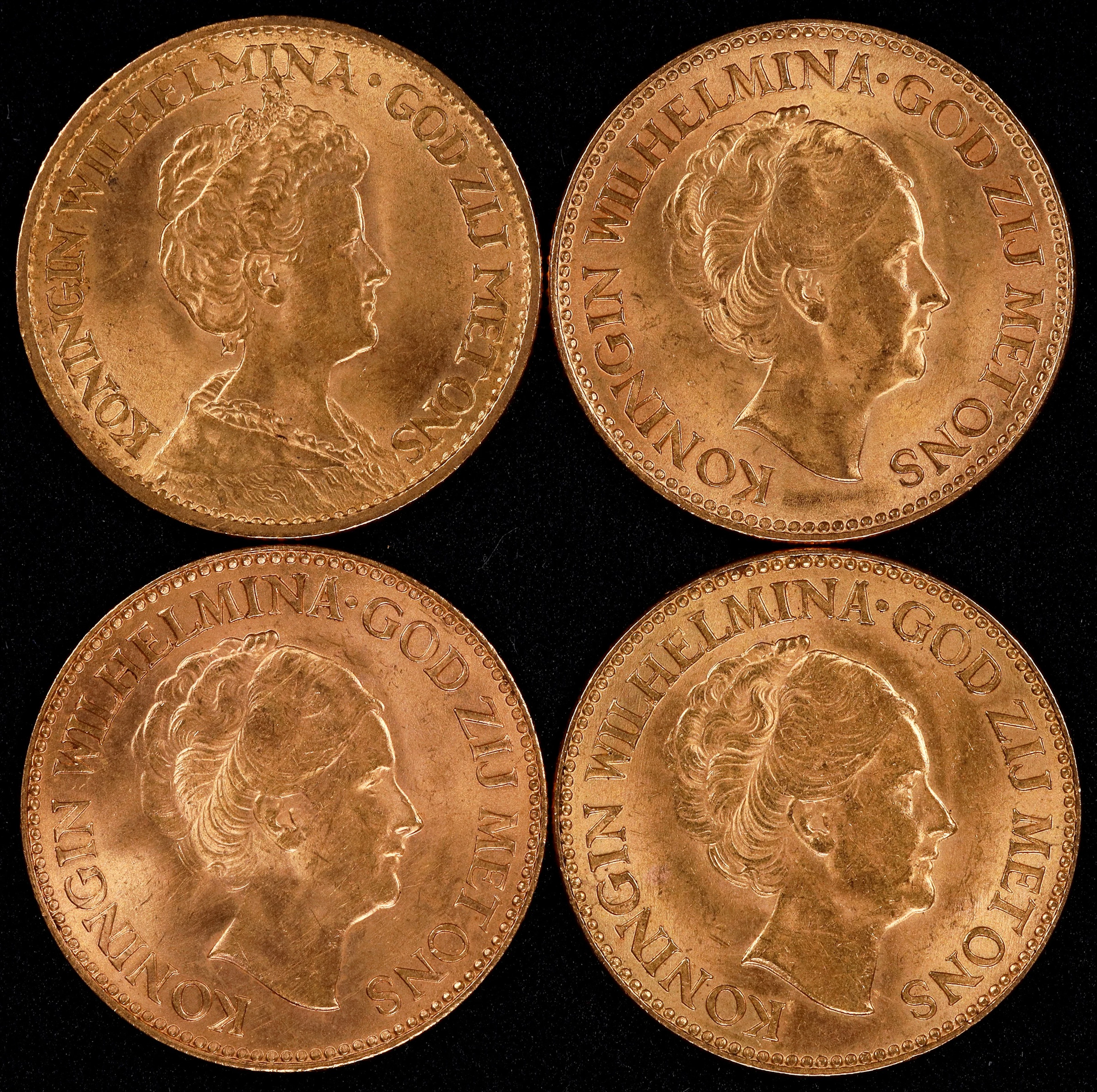 (0.78 oz, 24.261 g AGW). Netherlands. Lot of (4) Mixed Date Gold 10 Guldens.