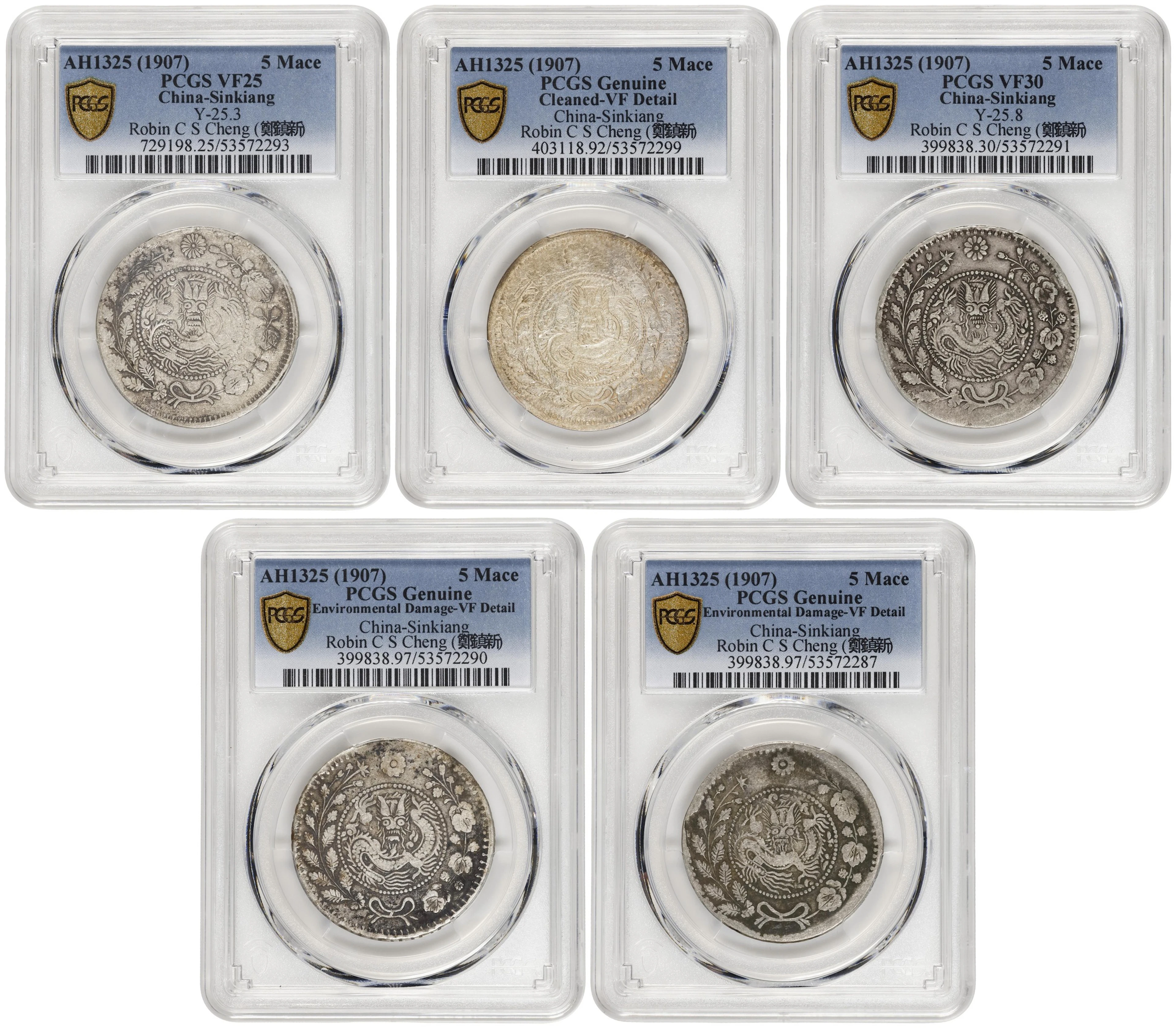 (t) CHINA. Sinkiang. Quintet of 5 Mace (Miscals) (5 Pieces), AH 1325