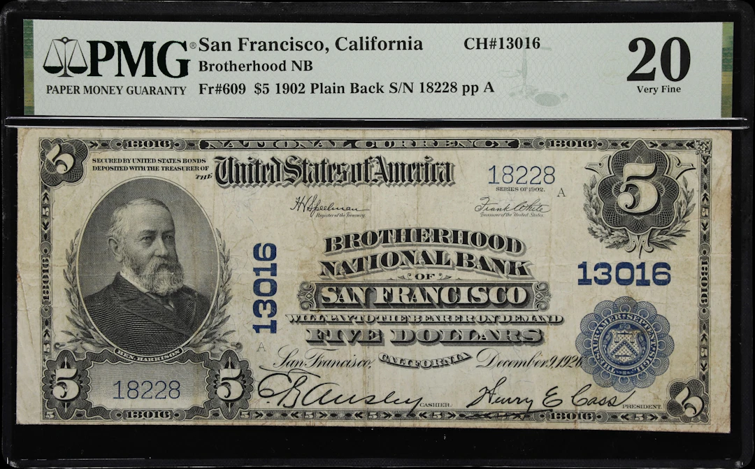 San Francisco, California. $5 1902 Plain Back. Fr. 609. Brotherhood